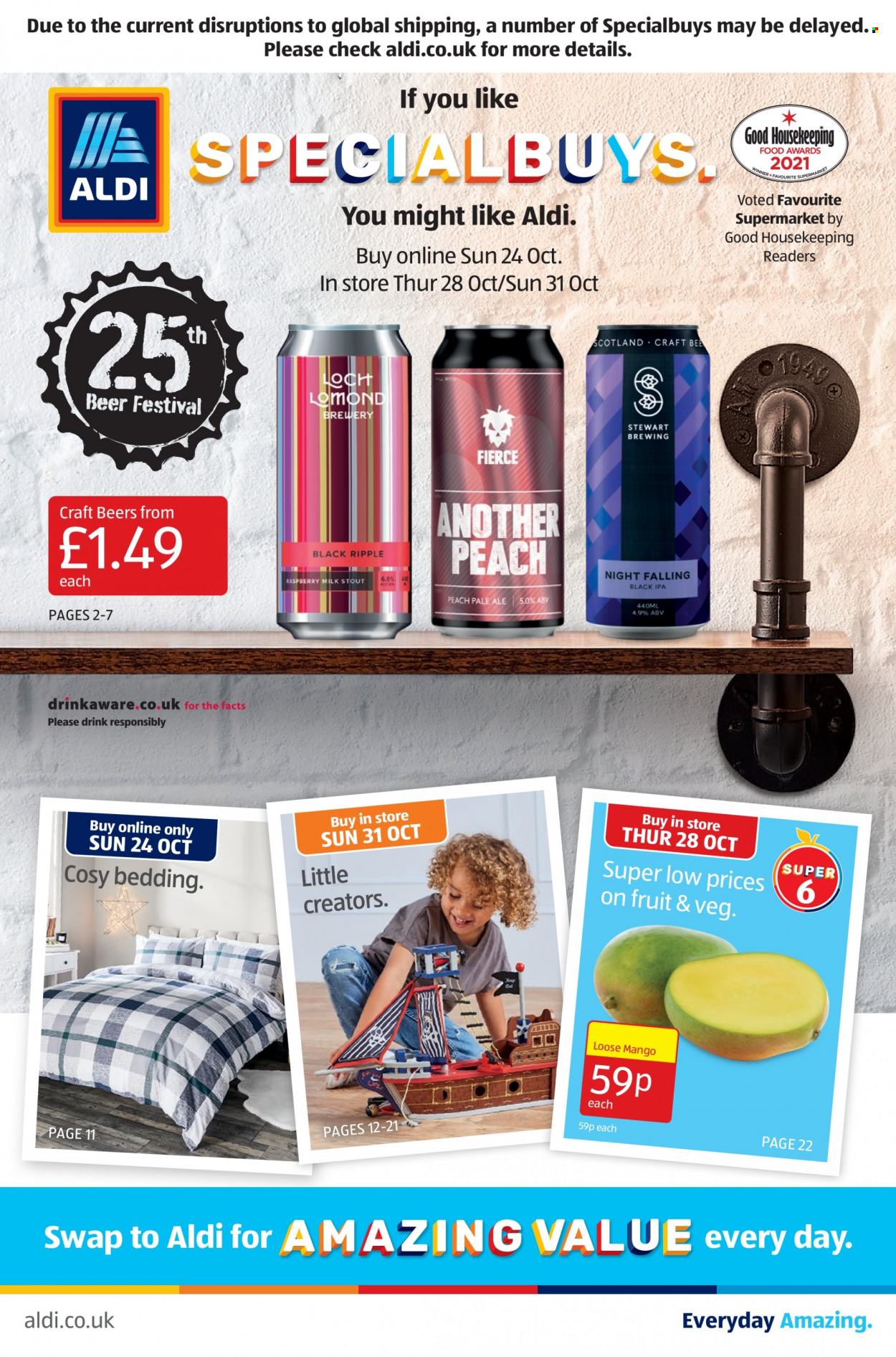 thumbnail - Aldi offer  - 24/10/2021 - 31/10/2021 - Sales products - beer, IPA, milk, bedding. Page 1.
