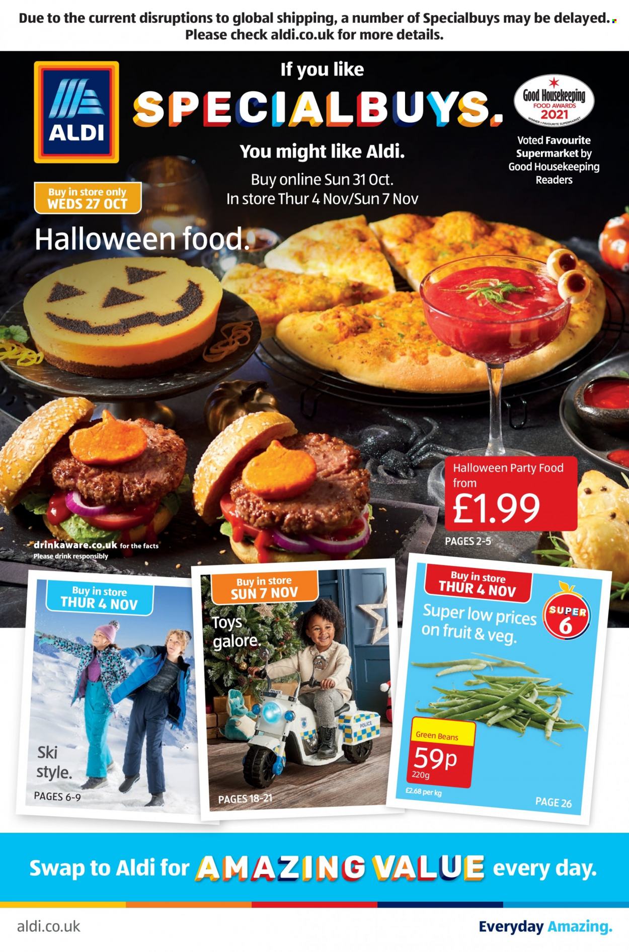 thumbnail - Aldi offer  - 31/10/2021 - 07/11/2021 - Sales products - beans, green beans, Halloween, toys. Page 1.