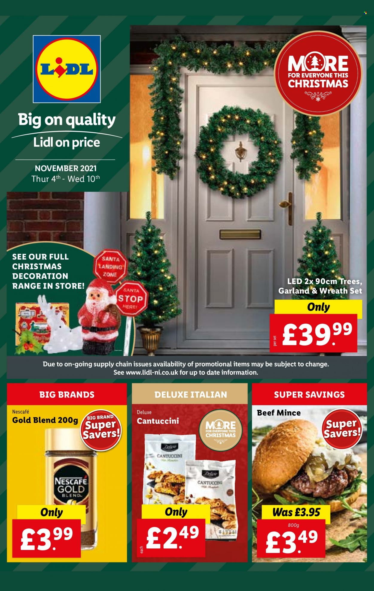 thumbnail - Lidl offer  - 04/11/2021 - 10/11/2021 - Sales products - Santa Claus, wreath, garland, beef meat, ground beef, Santa, Nescafé. Page 1.
