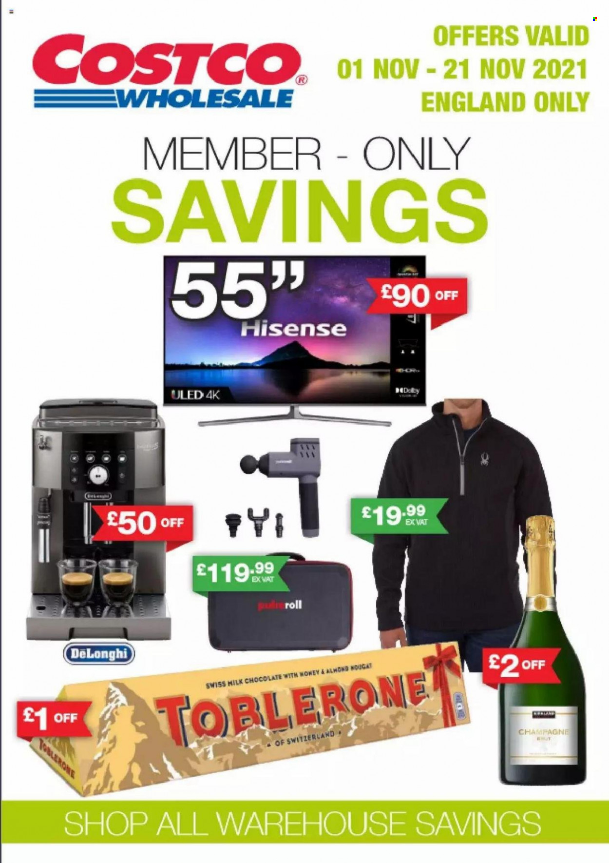 thumbnail - Costco offer  - 01/11/2021 - 21/11/2021 - Sales products - chocolate, nougat, Toblerone, honey, champagne, Hisense, De'Longhi. Page 1.