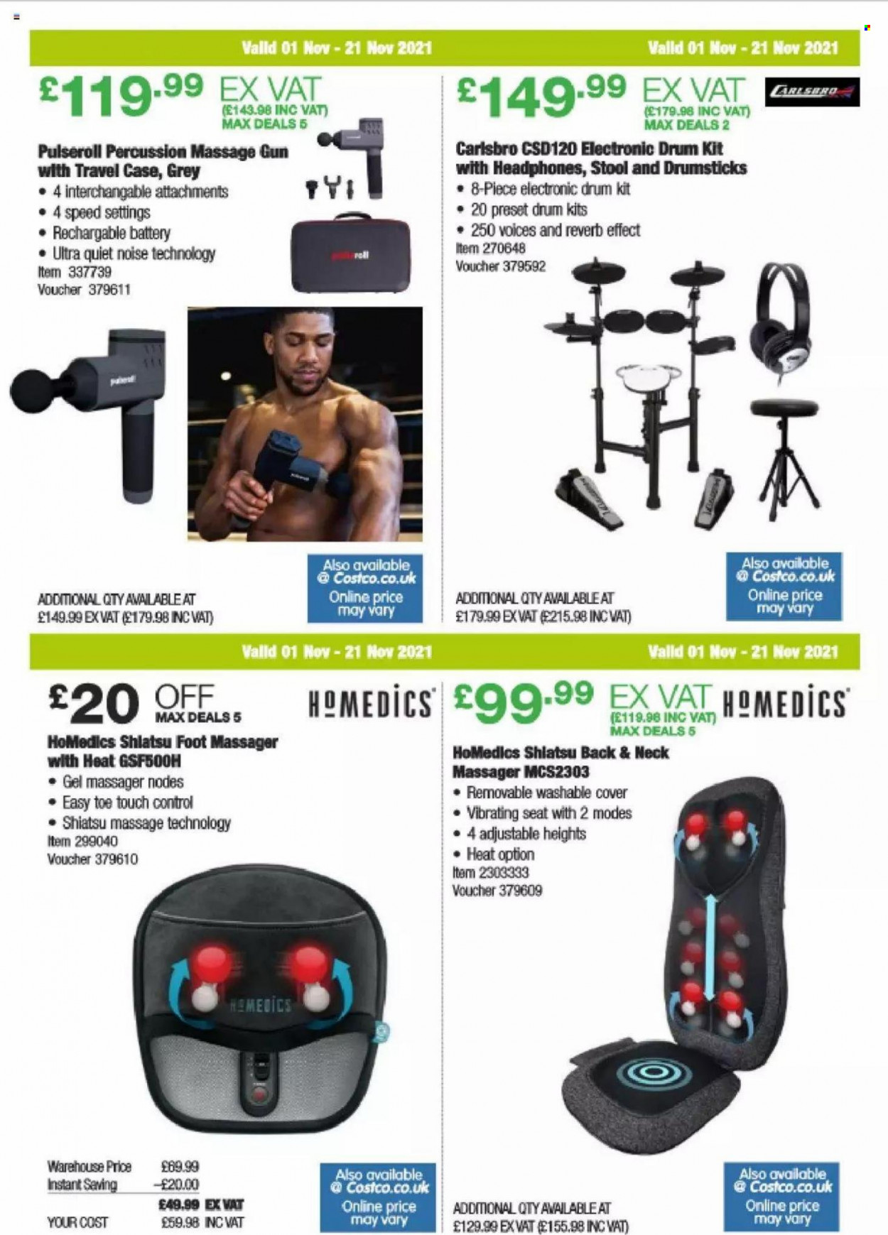 thumbnail - Costco offer  - 01/11/2021 - 21/11/2021 - Sales products - stool, battery, electronic drum kit, drum kit, percussion instrument, massager, neck massager, foot massager, gun. Page 3.