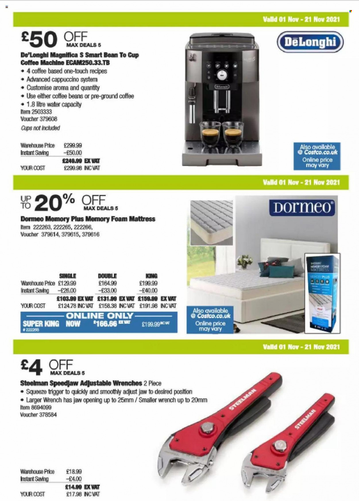 thumbnail - Costco offer  - 01/11/2021 - 21/11/2021 - Sales products - mattress, foam mattress, cappuccino, coffee beans, ground coffee, cup, coffee machine, De'Longhi. Page 4.