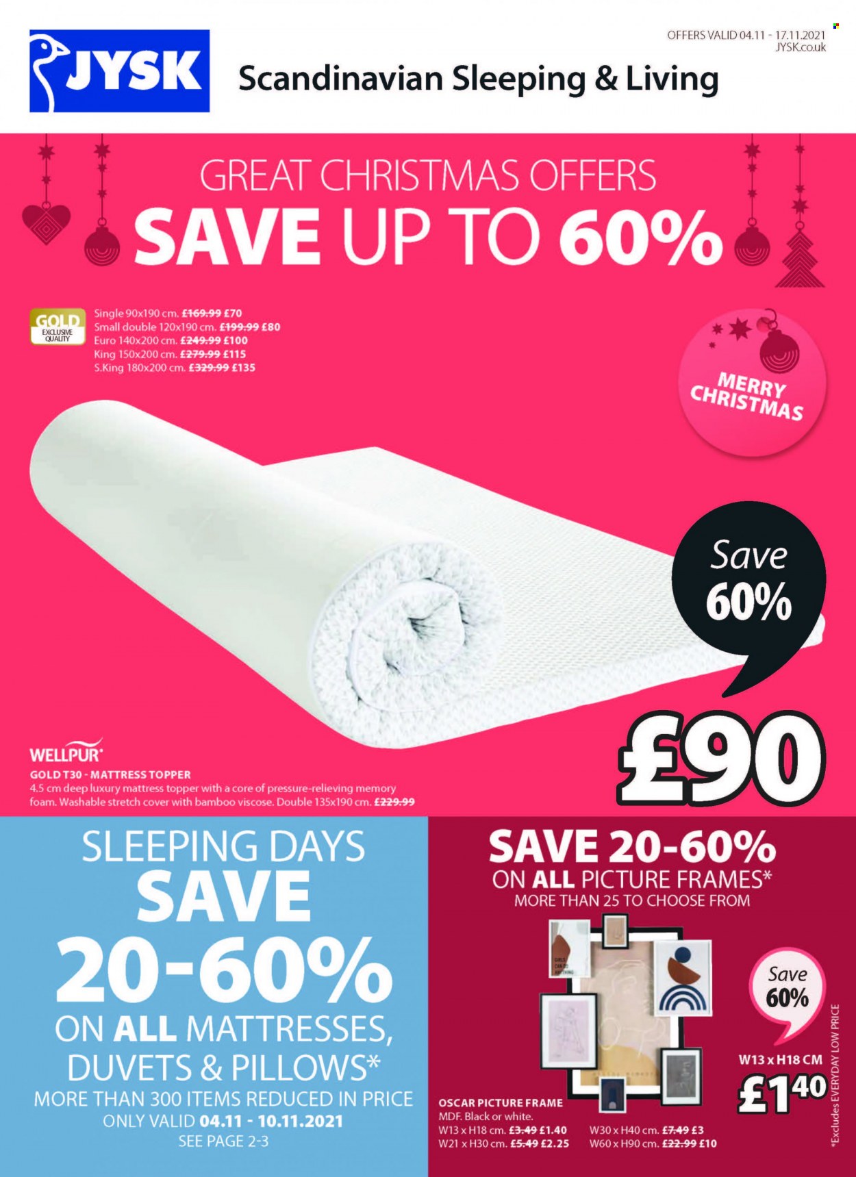thumbnail - JYSK offer  - 04/11/2021 - 17/11/2021 - Sales products - mattress protector, picture frame, duvet, topper, pillow. Page 1.
