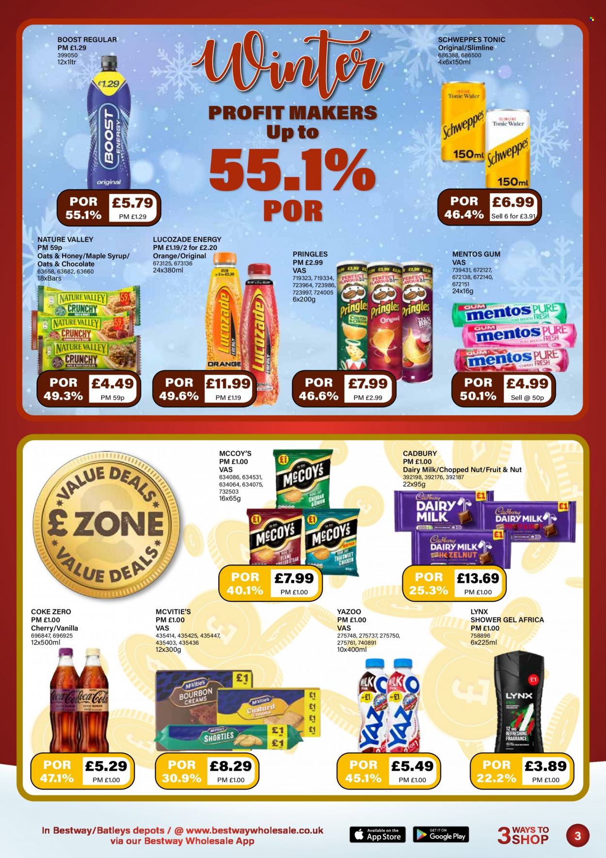 thumbnail - Bestway offer  - 05/11/2021 - 02/12/2021 - Sales products - cherries, chocolate, Mentos, Cadbury, Dairy Milk, Pringles, Nature Valley, maple syrup, honey, syrup, Coca-Cola, Schweppes, Coca-Cola zero, tonic, Lucozade, Boost, shower gel. Page 3.