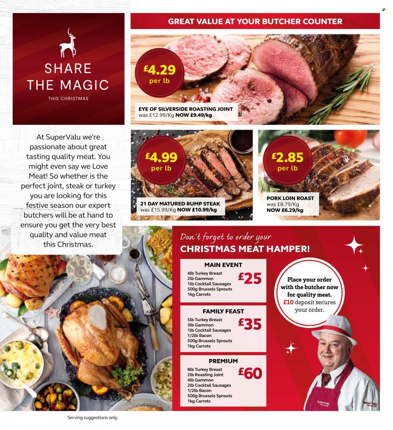 thumbnail - SuperValu offer  - 08/11/2021 - 04/12/2021 - Sales products - brussel sprouts, carrots, turkey breast, turkey, beef meat, steak, rump steak, pork loin, pork meat, bacon, sausage, hamper, gammon. Page 2.