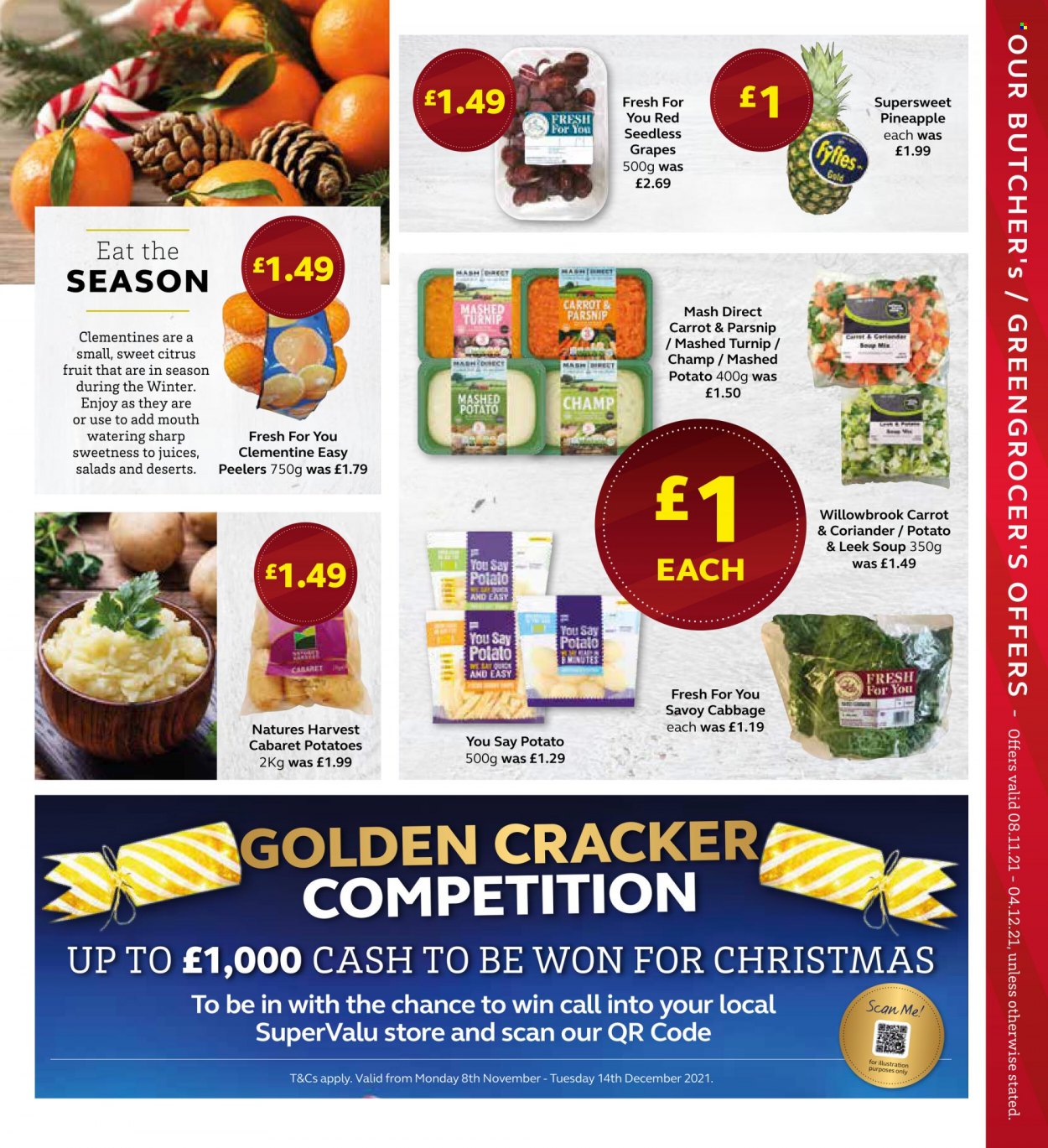 thumbnail - SuperValu offer  - 08/11/2021 - 04/12/2021 - Sales products - cabbage, leek, potatoes, clementines, grapes, seedless grapes, pineapple, soup, crackers, coriander, juice, Sharp. Page 3.