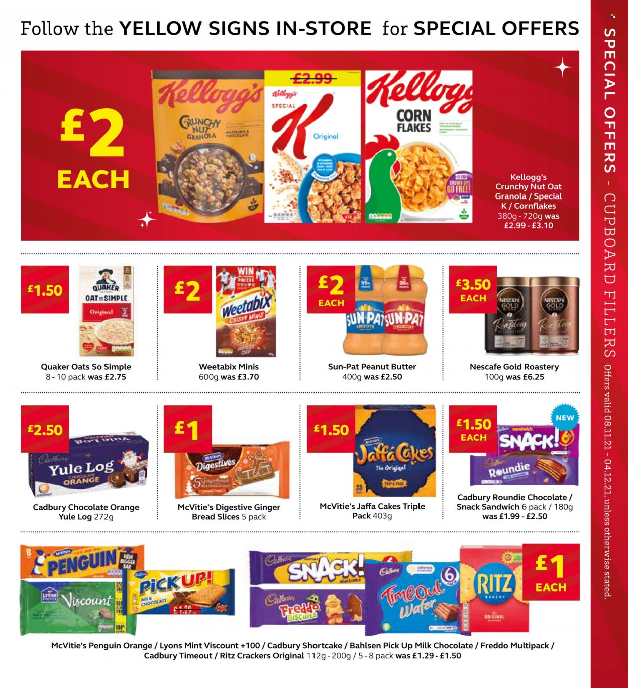 thumbnail - SuperValu offer  - 08/11/2021 - 04/12/2021 - Sales products - ginger, bread, cake, sandwich, Quaker, milk chocolate, wafers, chocolate, snack, crackers, Cadbury, Kellogg's, Digestive, RITZ, oats, granola, corn flakes, Weetabix, peanut butter, Lyons, Nescafé. Page 7.