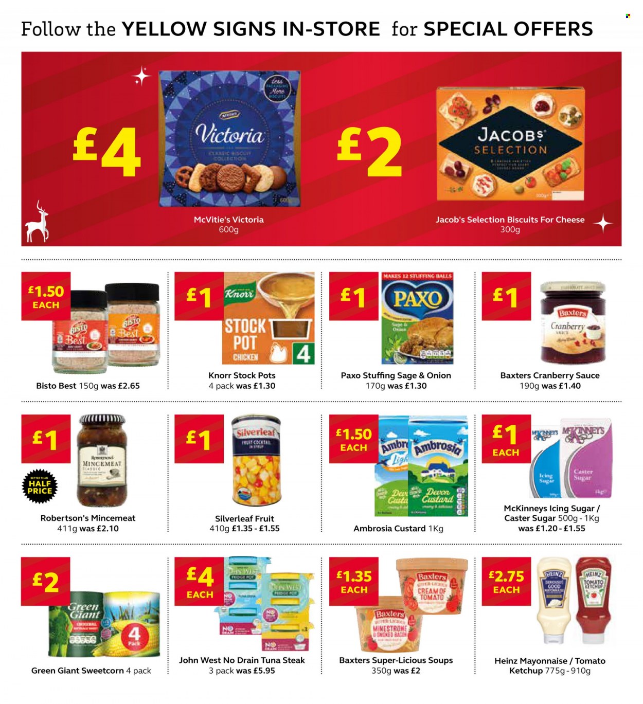 thumbnail - SuperValu offer  - 08/11/2021 - 04/12/2021 - Sales products - steak, tuna, Knorr, sauce, bacon, cheese, custard, mayonnaise, biscuit, Victoria Sponge, icing sugar, sugar, caster sugar, tuna steak, Heinz, ketchup, stockpot, cranberry sauce, Jacobs, pot. Page 8.