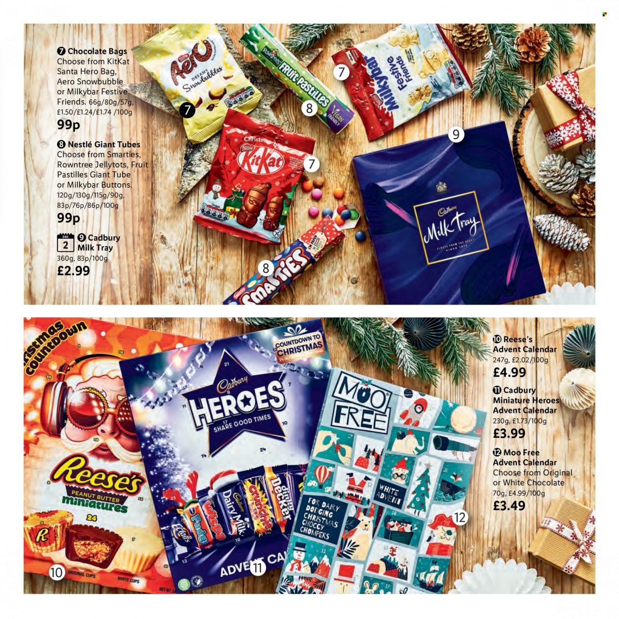 thumbnail - Lidl offer  - Sales products - advent calendar, Reese's, Nestlé, white chocolate, chocolate, Smarties, Cadbury, KitKat, Santa, Milk Tray, milky bar, pastilles, Dairy Milk, peanut butter, cup, calendar. Page 9.