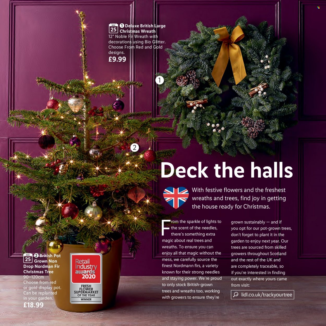 thumbnail - Lidl offer  - Sales products - wreath, christmas tree, Halls, Joy, pot, glitter, noble fir. Page 14.