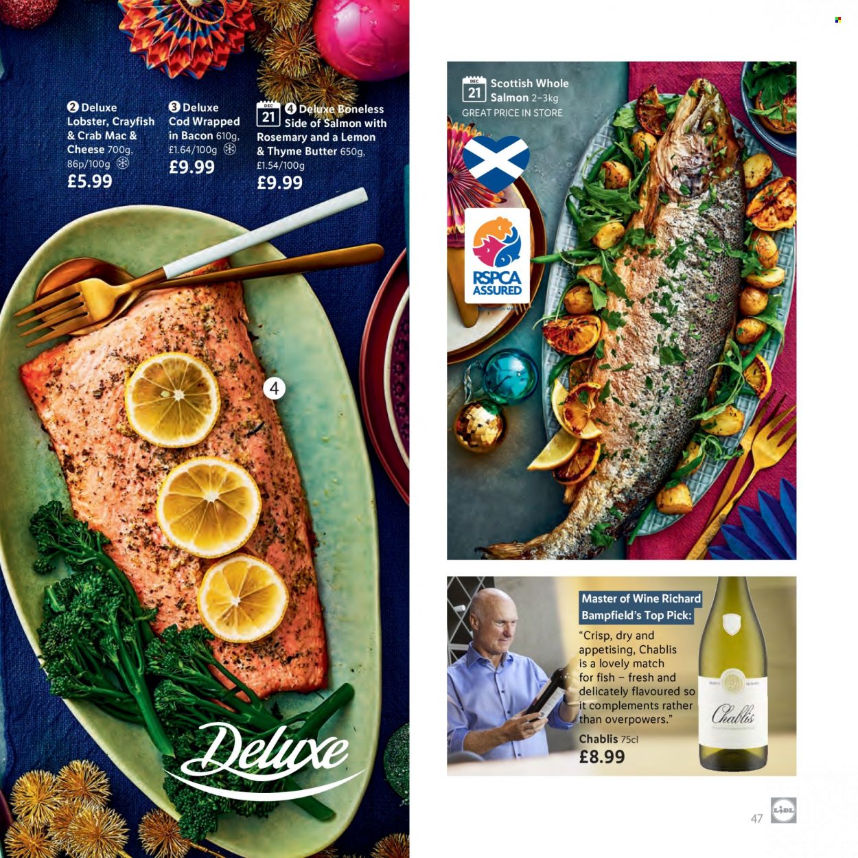 thumbnail - Lidl offer  - Sales products - cod, lobster, salmon, crab, fish, bacon, cheese, butter. Page 47.