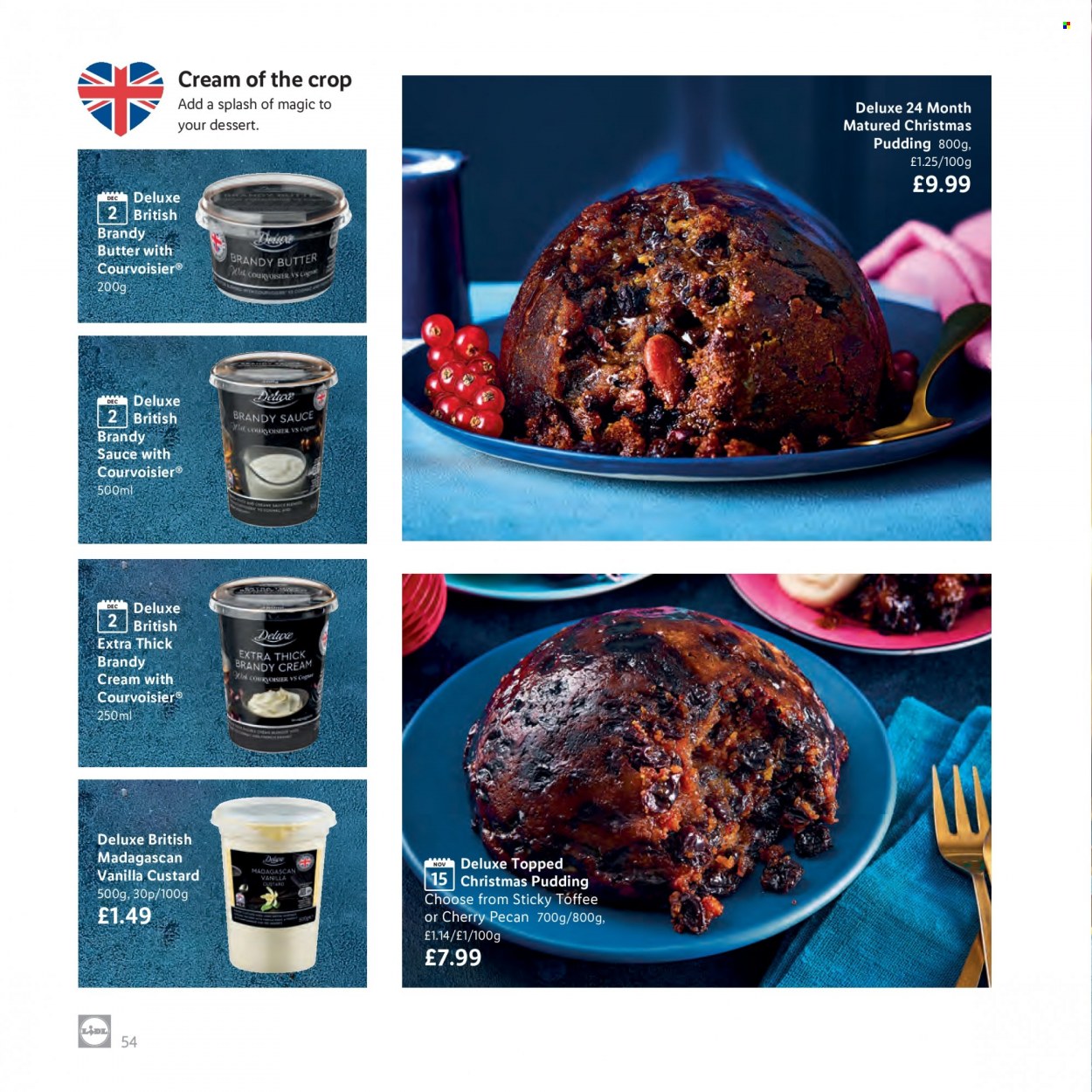 thumbnail - Lidl offer  - Sales products - cherries, sauce, custard, pudding, butter, toffee, brandy. Page 54.