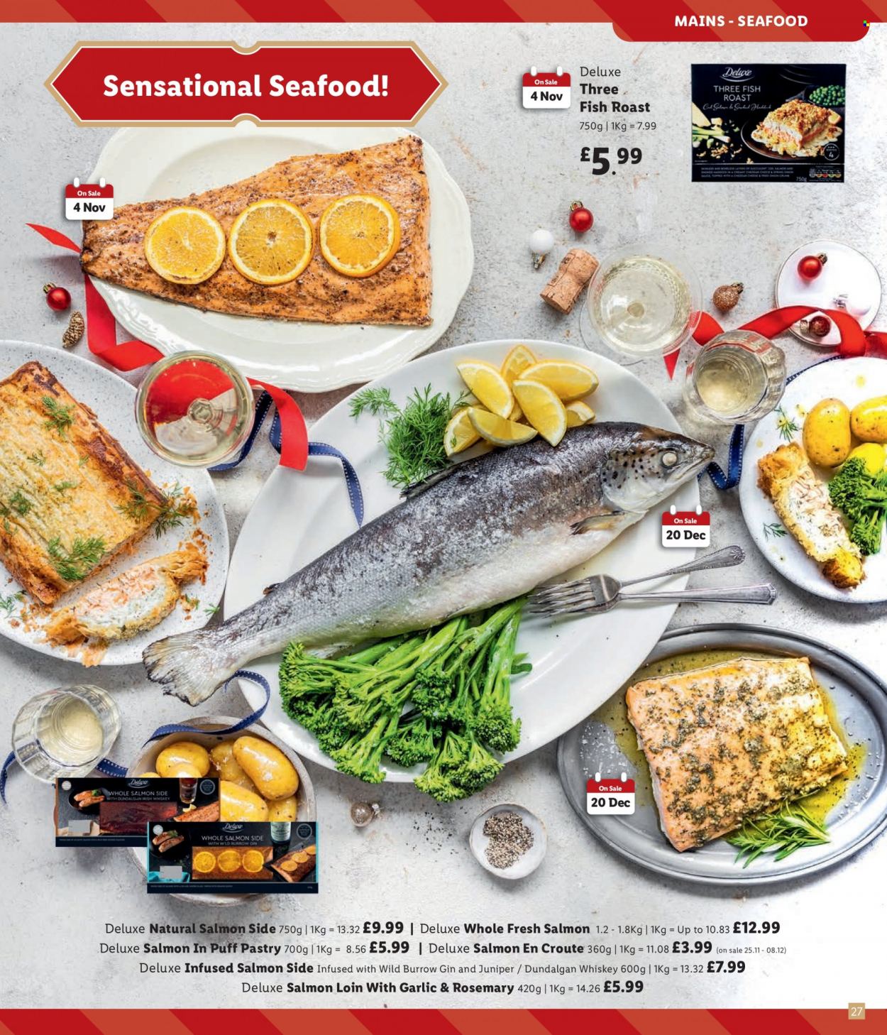 thumbnail - Lidl offer  - Sales products - salmon, seafood, fish, gin, whiskey, whisky. Page 27.