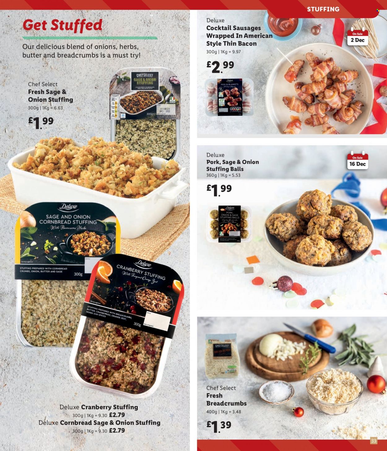 thumbnail - Lidl offer  - Sales products - oranges, corn bread, breadcrumbs, bacon, sausage, herbs. Page 33.