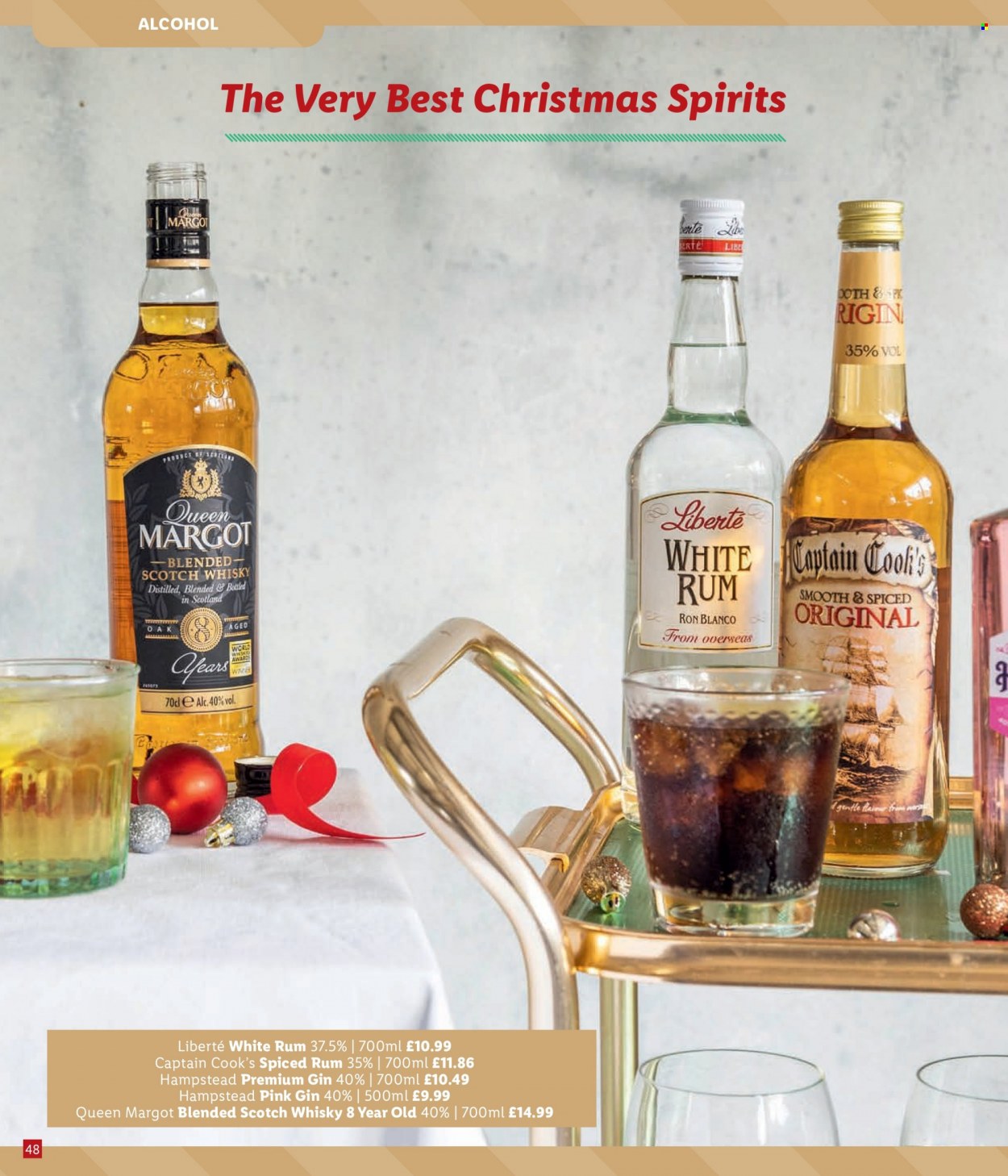 thumbnail - Lidl offer  - Sales products - alcohol, Cook's, gin, Ron Pelicano, spiced rum, rum, scotch whisky, whisky. Page 48.