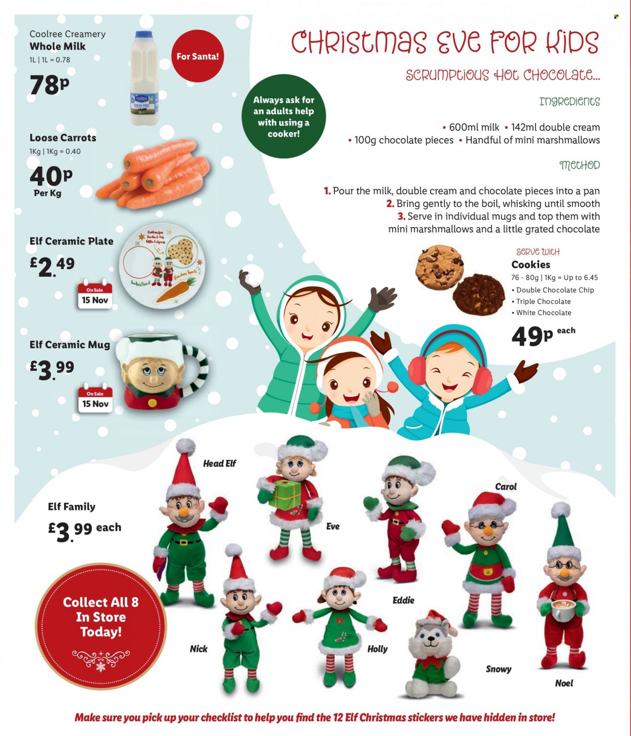 thumbnail - Lidl offer  - Sales products - Elf, milk, cookies, marshmallows, white chocolate, Santa, hot chocolate, ceramic mug, mug, plate, pan, sticker. Page 56.