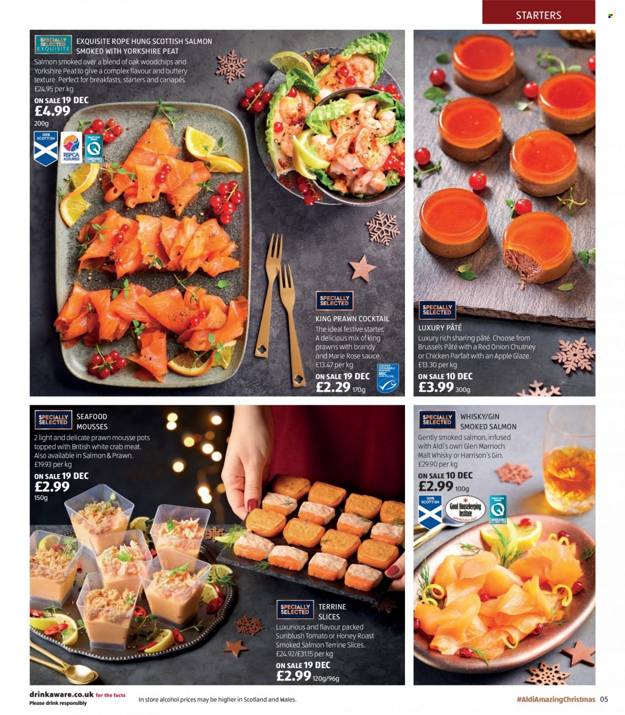 thumbnail - Aldi offer  - Sales products - alcohol, onion, crab meat, salmon, smoked salmon, seafood, prawns, crab, malt, chutney, rosé wine, brandy, gin, whisky, pot, Apple, rose. Page 5.