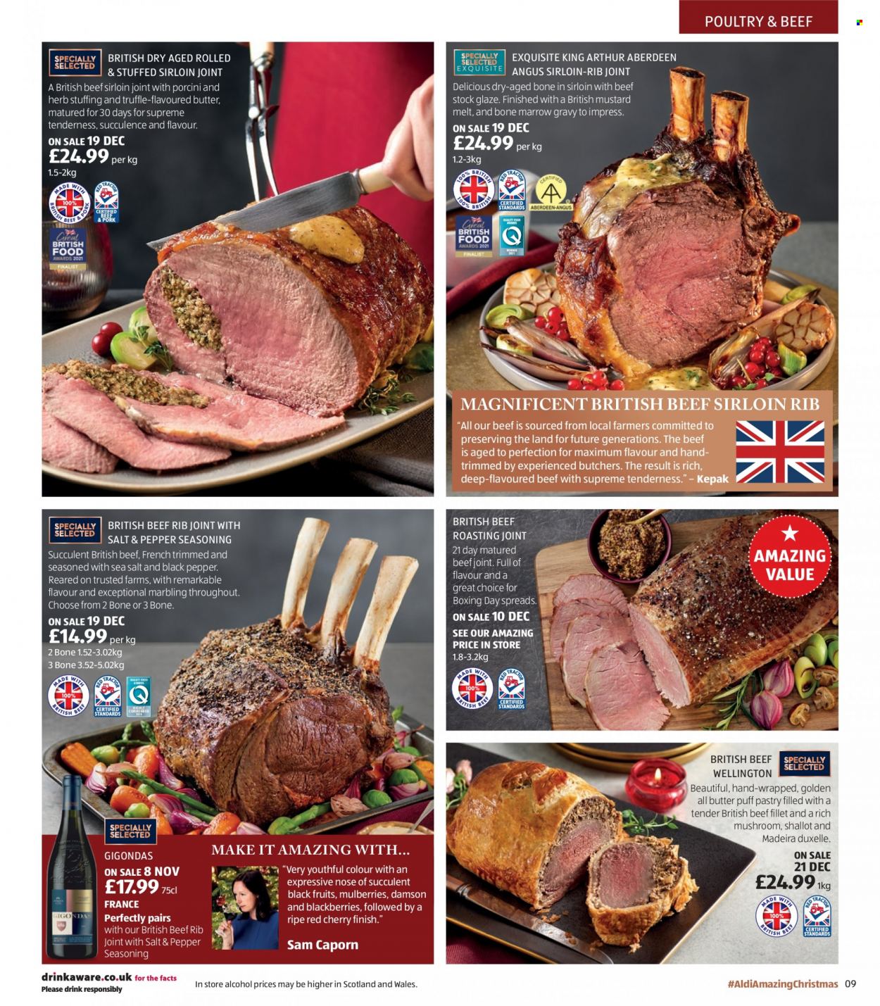thumbnail - Aldi offer  - Sales products - alcohol, porcini, mushrooms, blackberries, cherries, beef meat, beef sirloin, beef tenderloin, puff pastry, truffles, black pepper, herbs, spice, mustard, succulent. Page 9.