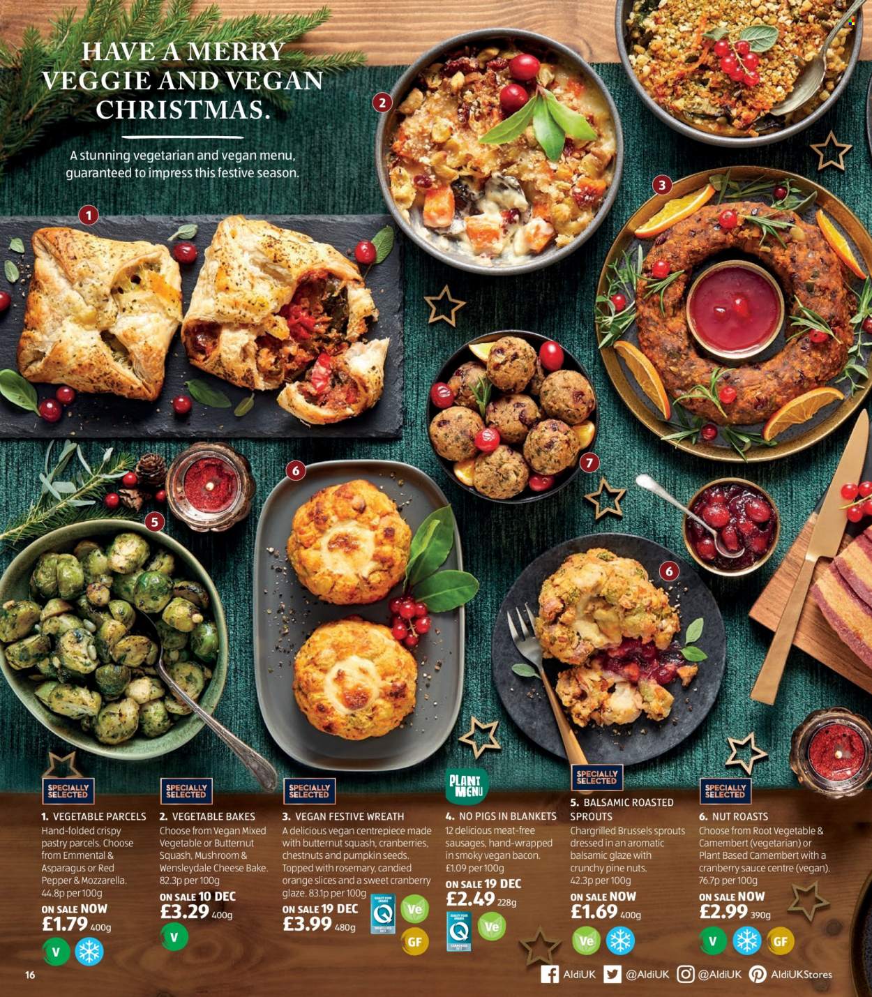 thumbnail - Aldi offer  - Sales products - mushrooms, asparagus, brussel sprouts, butternut squash, oranges, sauce, bacon, sausage, camembert, mozzarella, Wensleydale, cheese, mixed vegetables, cranberries, rosemary, balsamic glaze, cranberry sauce, pine nuts, chestnuts, pumpkin seeds, wreath. Page 16.