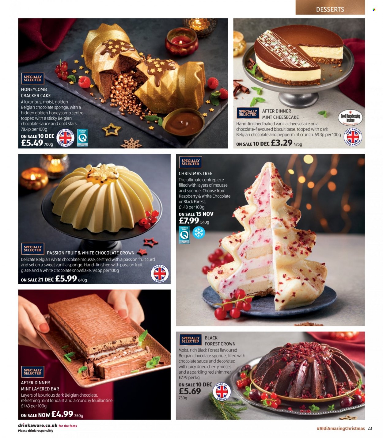 thumbnail - Aldi offer  - Sales products - cherries, cake, cheesecake, curd, biscuit, crackers, sponge, christmas tree. Page 23.