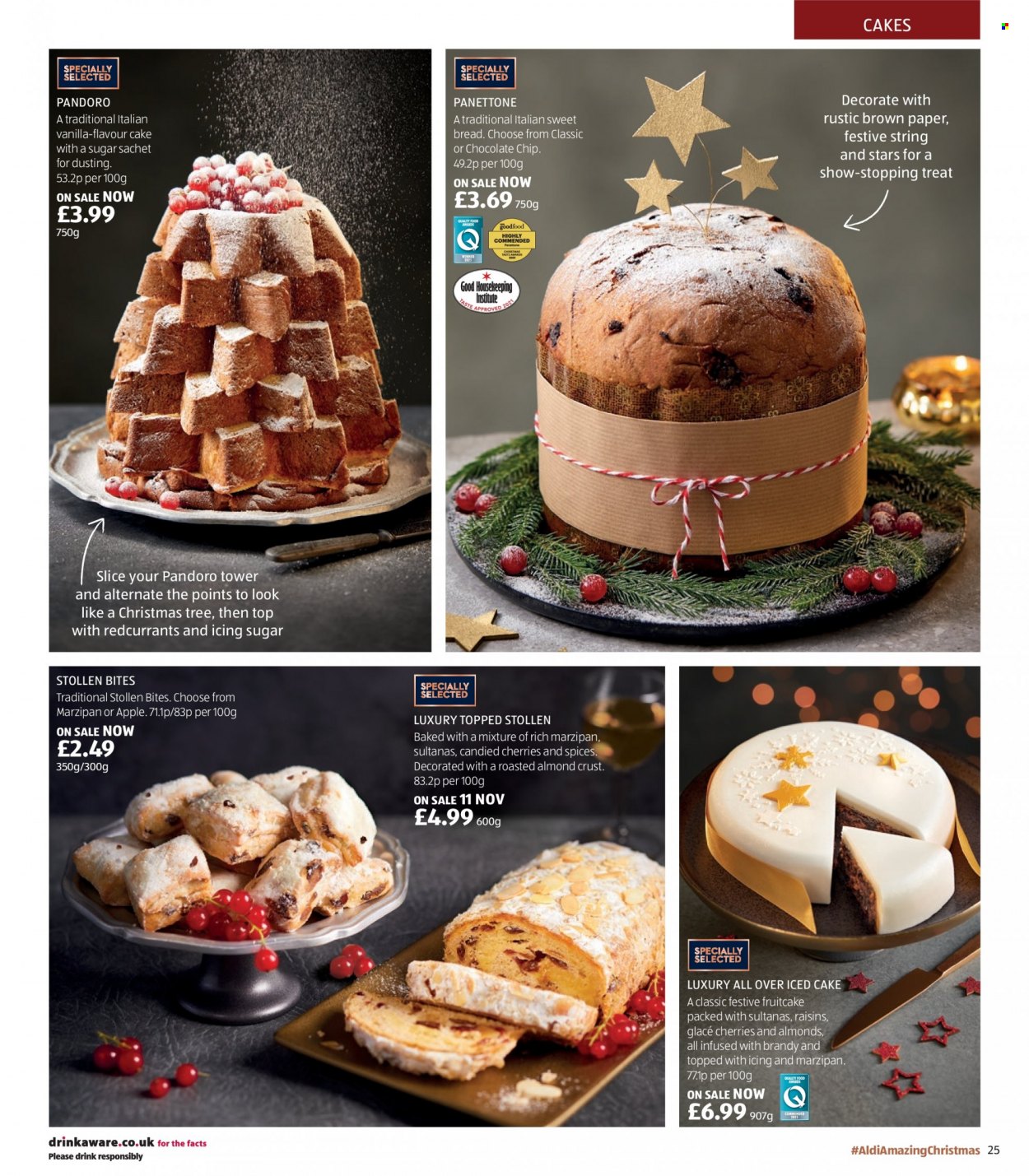 thumbnail - Aldi offer  - Sales products - bread, stollen, panettone, sweet bread, chocolate chips, icing sugar, marzipan, sugar, almonds, raisins, sultanas, dried fruit, brandy, paper, christmas tree. Page 25.