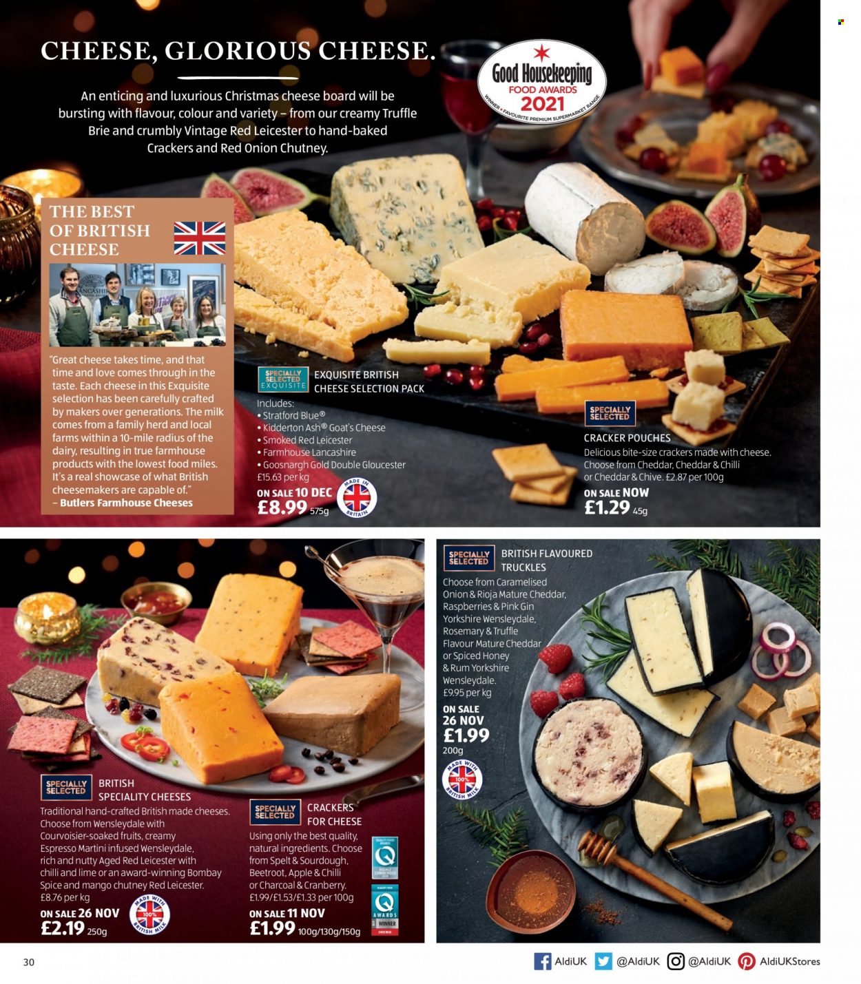 thumbnail - Aldi offer  - Sales products - Lancashire, Red Leicester, Wensleydale, cheese, brie, milk, crackers, truffles, rosemary, spice, chutney, honey, gin, rum, Martini. Page 30.