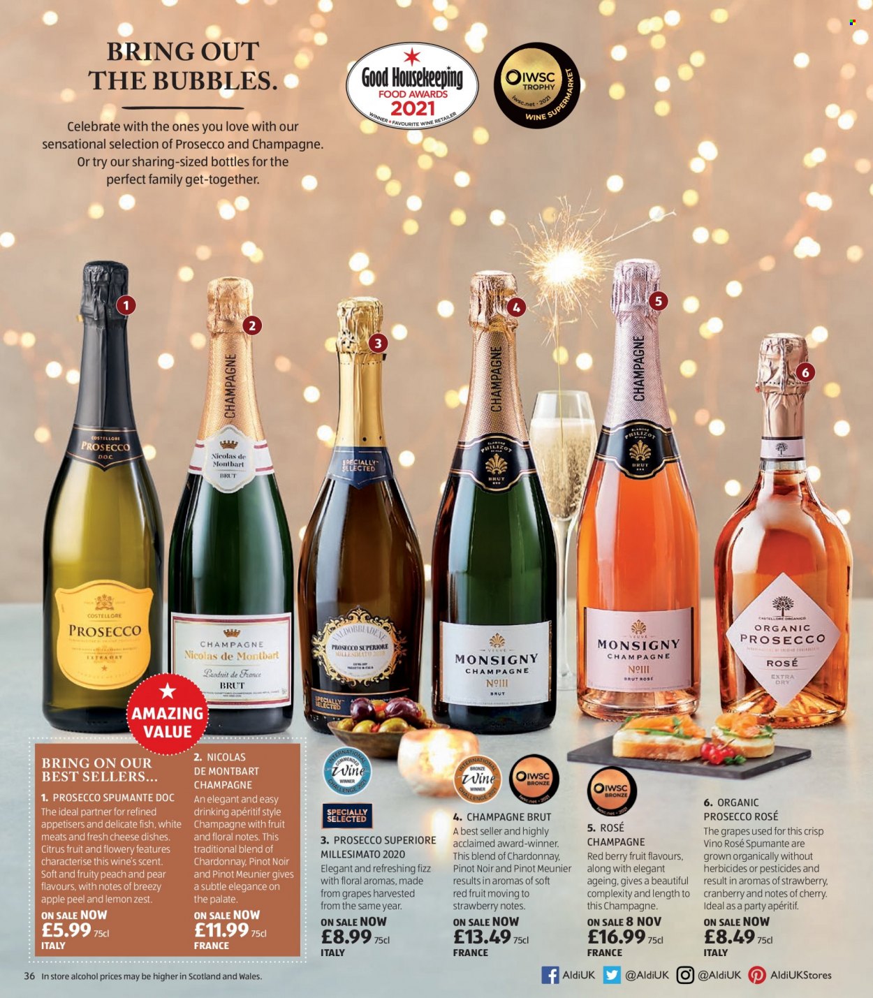 thumbnail - Aldi offer  - Sales products - alcohol, pears, fish, cheese, spumante, white wine, prosecco, Chardonnay, organic prosecco, rosé wine, aperitif. Page 36.
