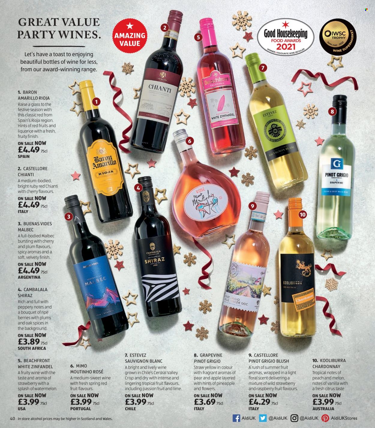 thumbnail - Aldi offer  - Sales products - alcohol, watermelon, plums, pears, summer fruit, melons, white wine, Chardonnay, Sauvignon Blanc, Shiraz, Pinot Grigio, rosé wine, straw, bouquet. Page 40.