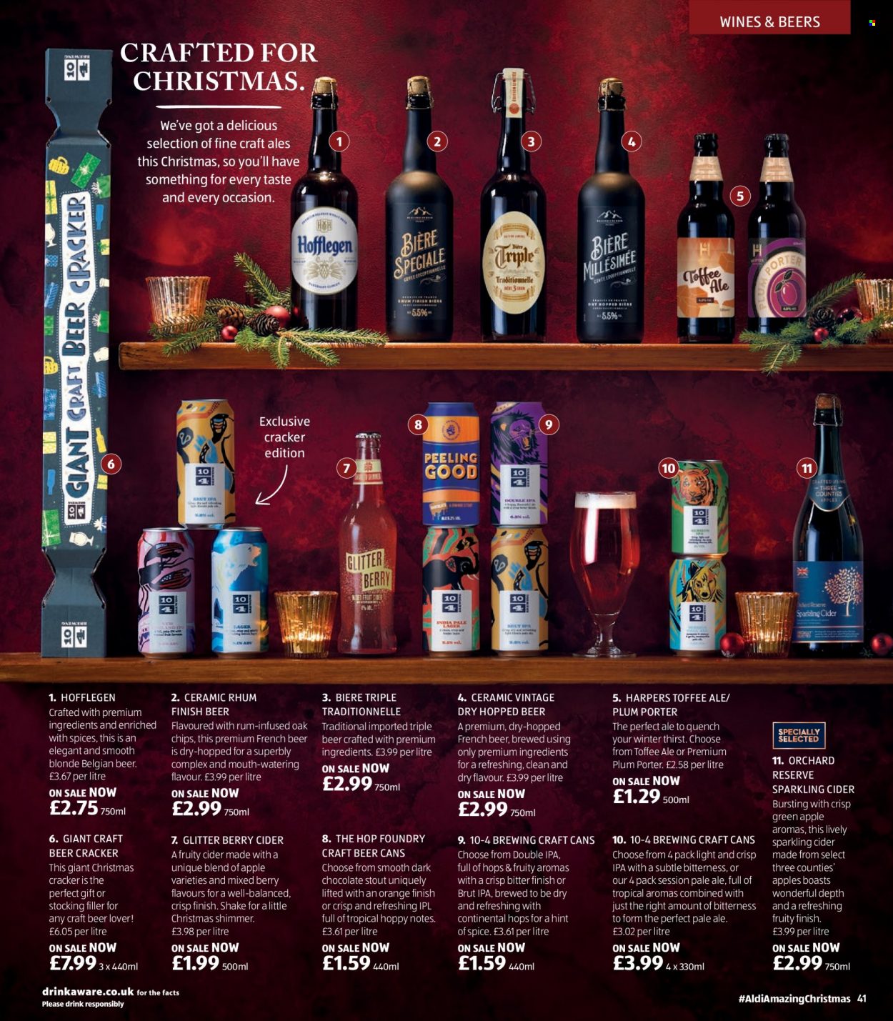 thumbnail - Aldi offer  - Sales products - beer, IPA, oranges, Continental, shake, chocolate, crackers, toffee, dark chocolate, chips, spice, sparkling cider, sparkling wine, rum, cider, Brut, glitter. Page 41.