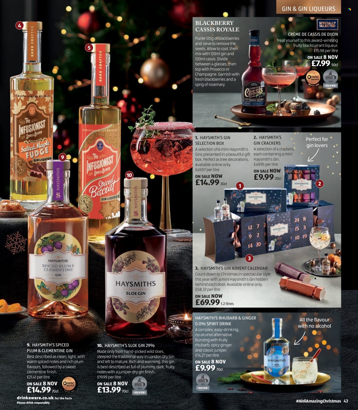 thumbnail - Aldi offer  - Sales products - alcohol, advent calendar, blackberries, crackers, rosemary, champagne, prosecco, creme de cassis, gin, liqueur, calendar, gift box. Page 43.