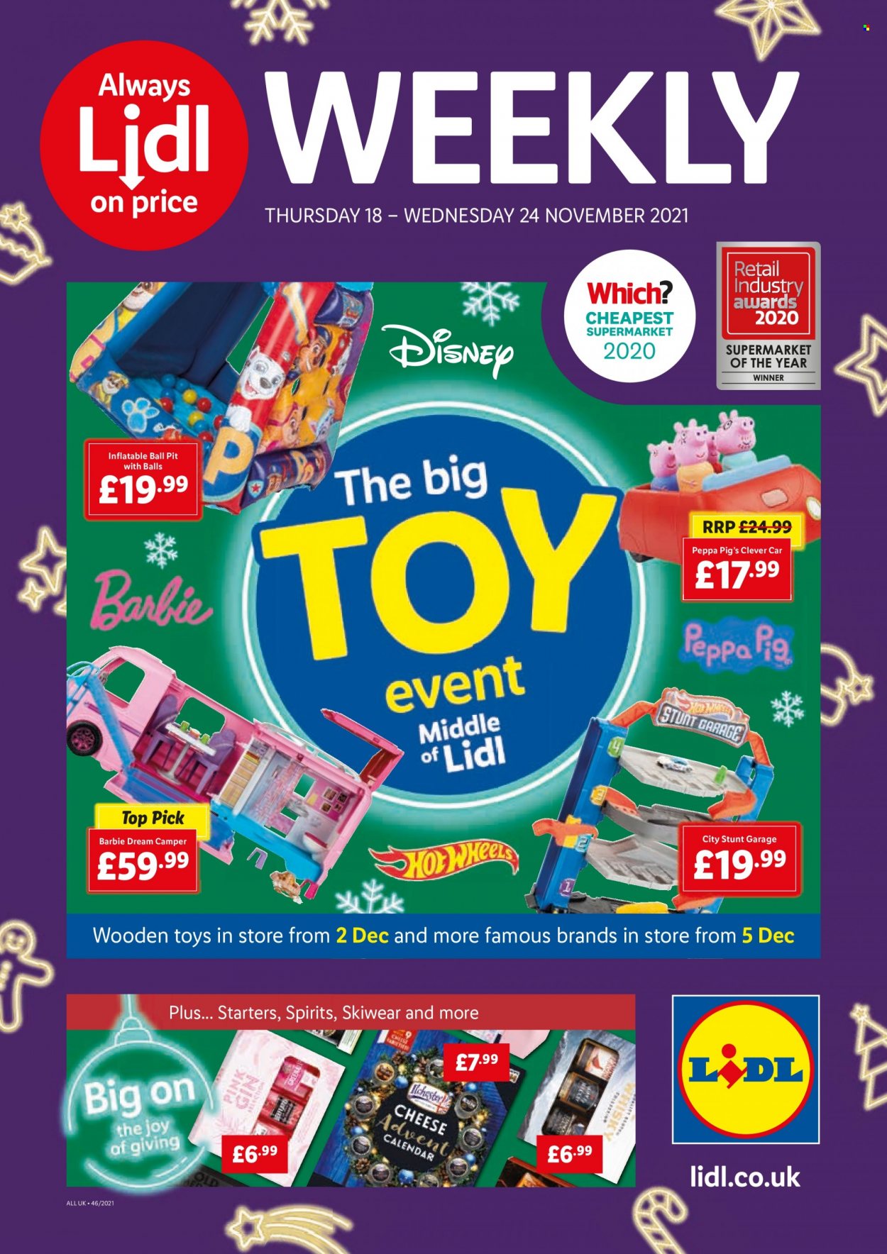 thumbnail - Lidl offer  - 18/11/2021 - 24/11/2021 - Sales products - advent calendar, cheese, cheese advent calendar, Disney, Peppa Pig, Barbie, calendar, toys, wooden toy. Page 1.