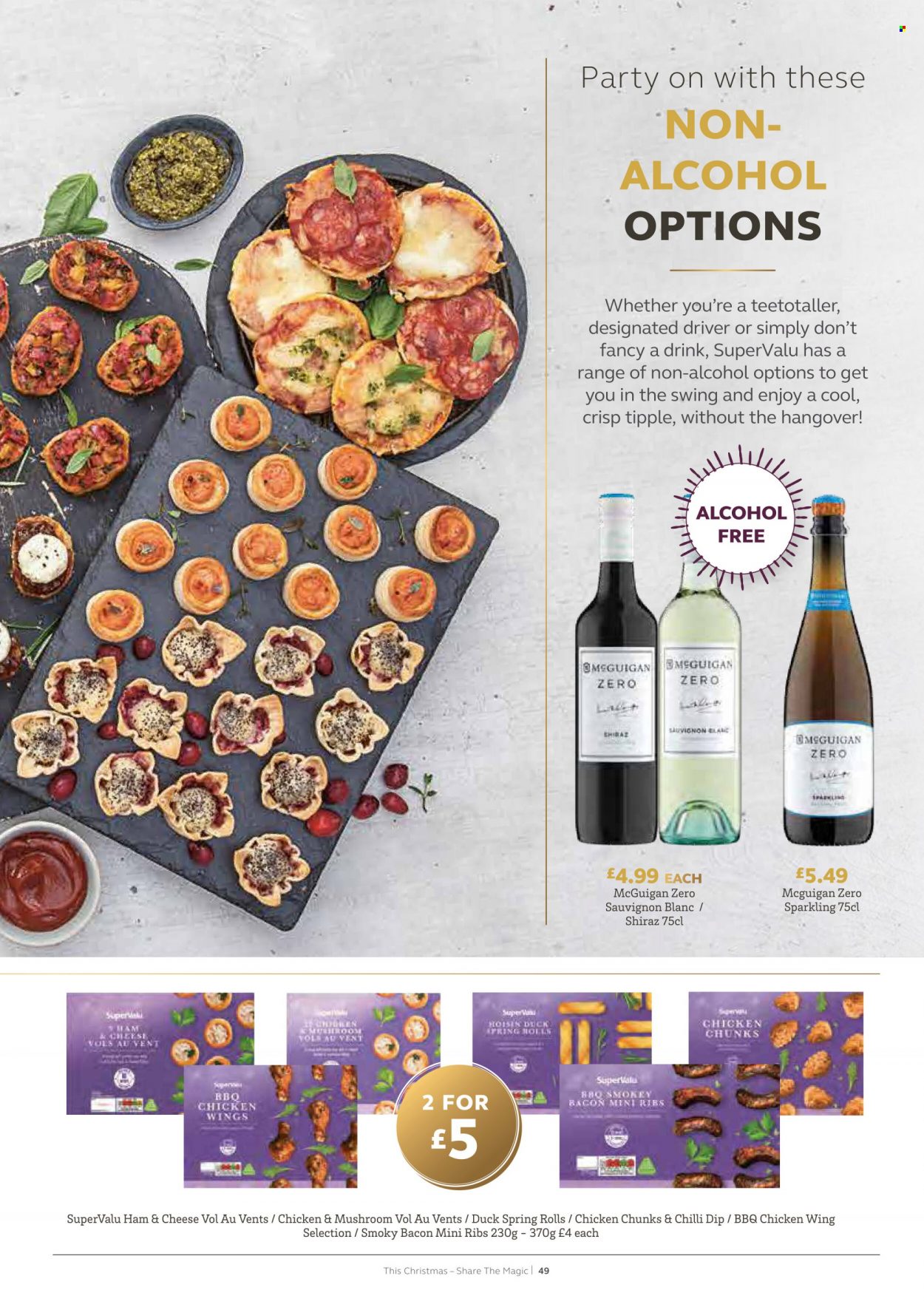thumbnail - SuperValu offer  - Sales products - spring rolls, bacon, ham, dip, red wine, white wine, wine, Sauvignon Blanc, Shiraz. Page 49.