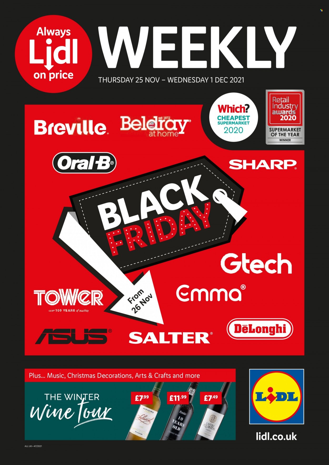 thumbnail - Lidl offer  - 25/11/2021 - 01/12/2021 - Sales products - wine, Oral-B, Sharp, Asus, De'Longhi. Page 1.