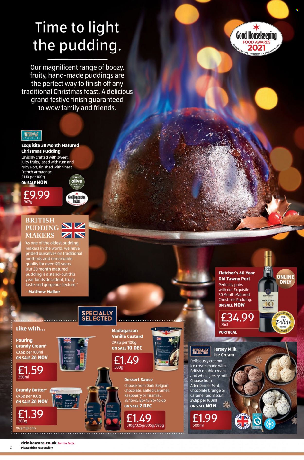 thumbnail - Aldi offer  - 21/11/2021 - 28/11/2021 - Sales products - christmas pudding, sauce, custard, milk, ice cream, biscuit, dessert sauce, olives, mint, wine, port wine, jersey. Page 4.