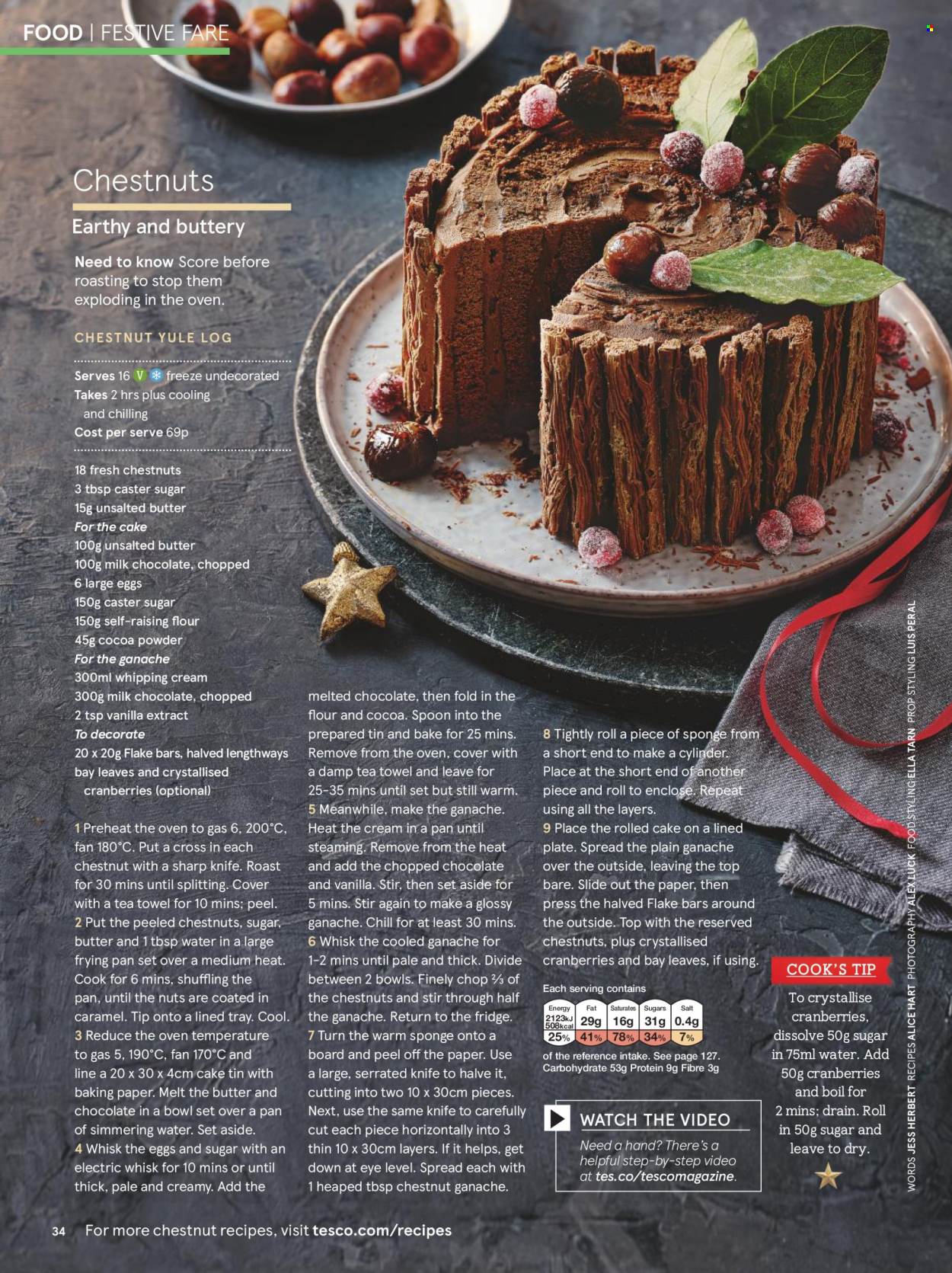 thumbnail - Tesco offer  - Sales products - Cook's, large eggs, whipping cream, milk chocolate, flour, vanilla extract, cranberries, caramel, chestnuts, knife, sponge, spoon, tray, plate, pan, baking paper, bowl set, tea towels. Page 36.