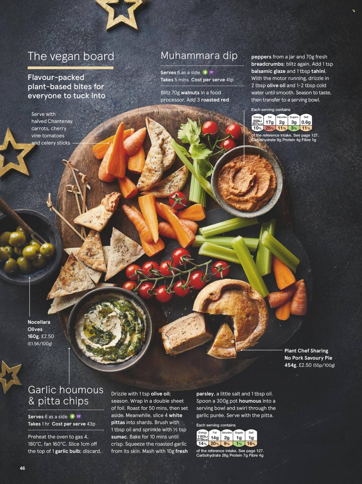 thumbnail - Tesco offer  - Sales products - parsley, peppers, red peppers, cherries, houmous, chips, celery sticks, salt, olives, balsamic glaze, tahini, walnuts, spoon, pot, serving bowl, bowl, jar, bulb. Page 48.