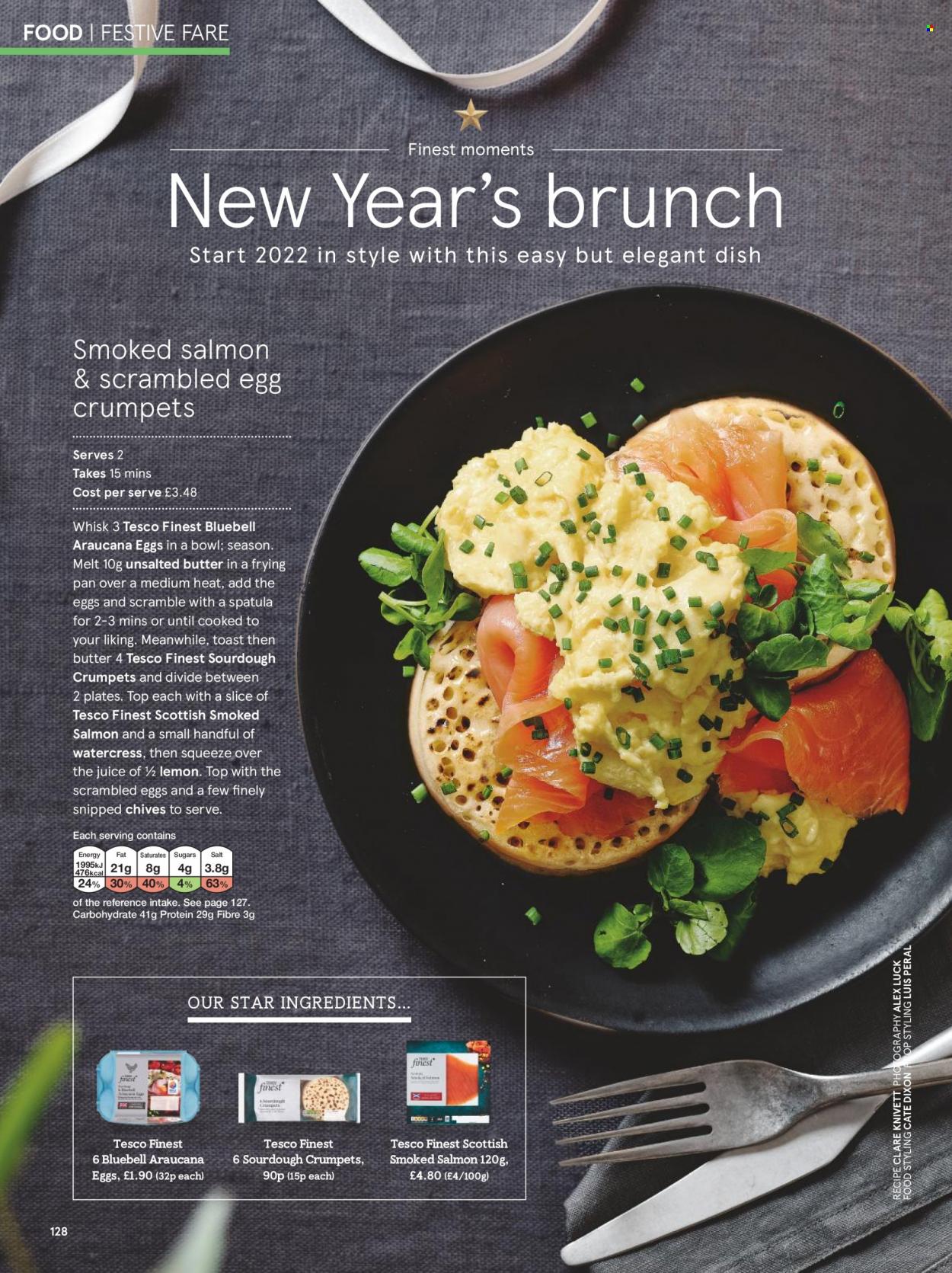 thumbnail - Tesco offer  - Sales products - chives, crumpets, salmon, smoked salmon, eggs, watercress, juice, spatula, plate, pan, Moments. Page 130.
