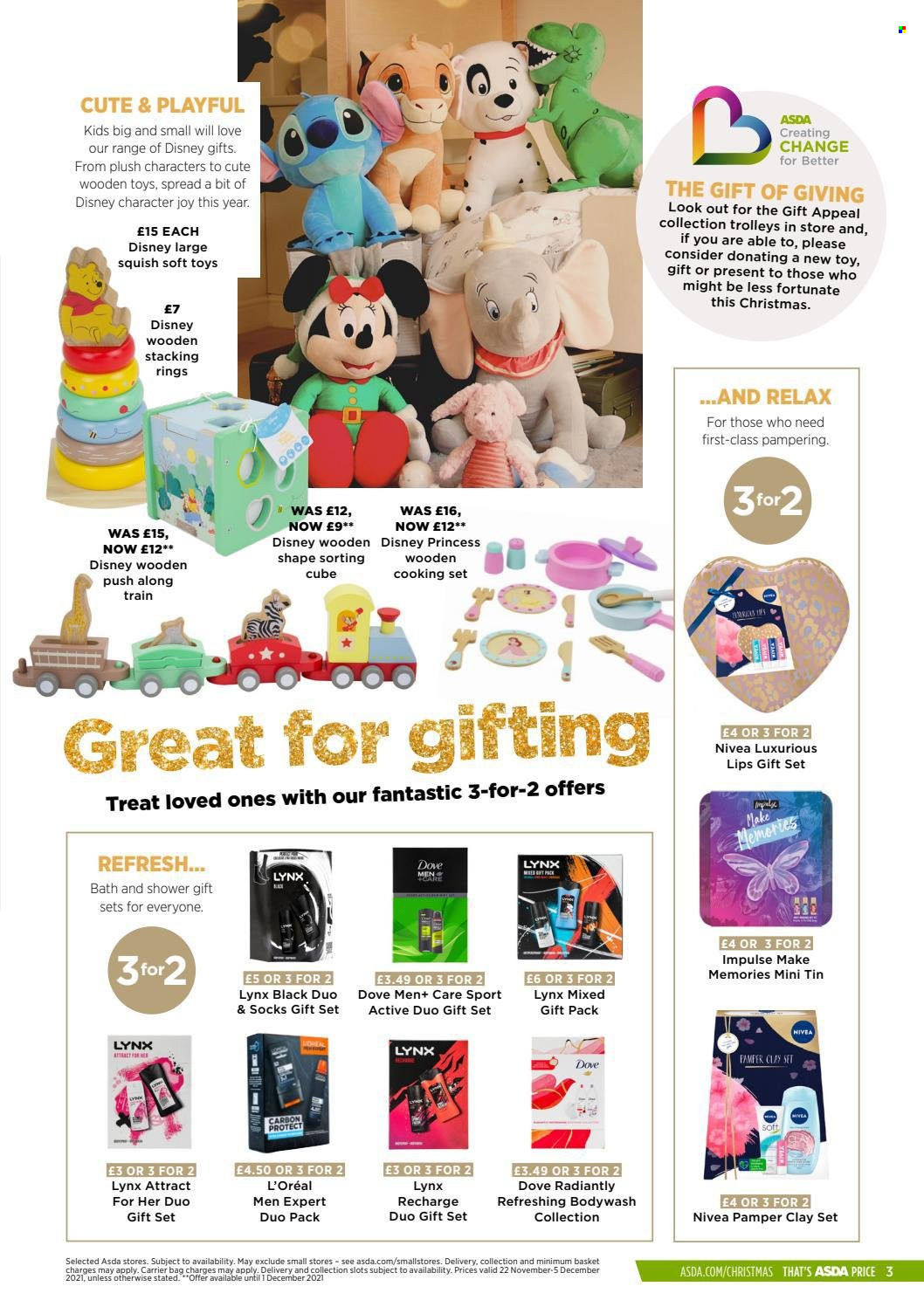 thumbnail - ASDA offer  - 22/11/2021 - 05/12/2021 - Sales products - Disney, gift set, Nivea, Joy, Dove, L’Oréal, bag, basket, cookware set, Pamper. Page 3.