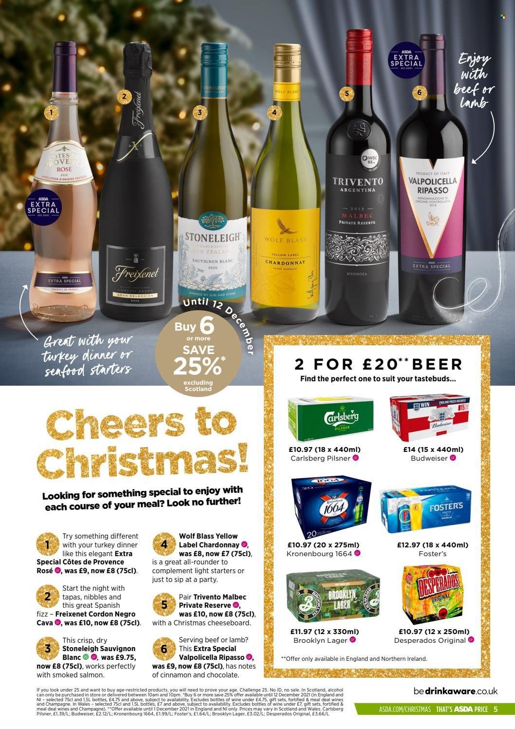 thumbnail - ASDA offer  - 22/11/2021 - 05/12/2021 - Sales products - Budweiser, beer, Carlsberg, alcohol, Desperados, Lager, salmon, smoked salmon, cinnamon, red wine, Chardonnay, wine, Sauvignon Blanc, rosé wine. Page 5.