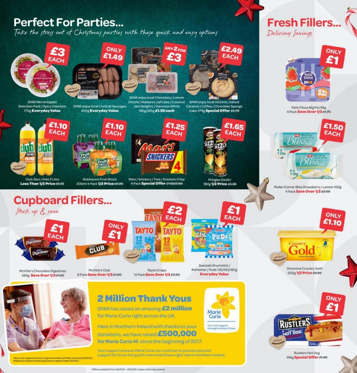 thumbnail - SPAR offer  - 22/11/2021 - 05/12/2021 - Sales products - coconut, oranges, cake, sponge cake, loaf cake, hot dog, sausage, Müller, Petits Filous, chocolate, Snickers, Twix, Mars, Victoria Sponge, Swizzels, Pringles, Tayto, compote, fruit jam, Club Zero, coffee, refresher, pot. Page 3.