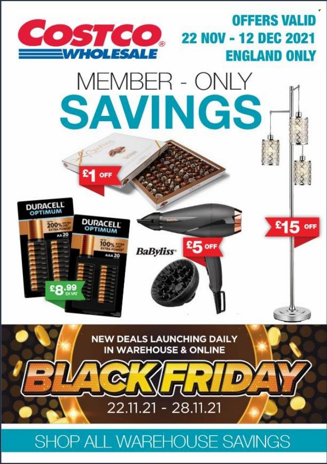 thumbnail - Costco offer  - 22/11/2021 - 12/12/2021 - Sales products - Babyliss, Duracell, Optimum. Page 1.