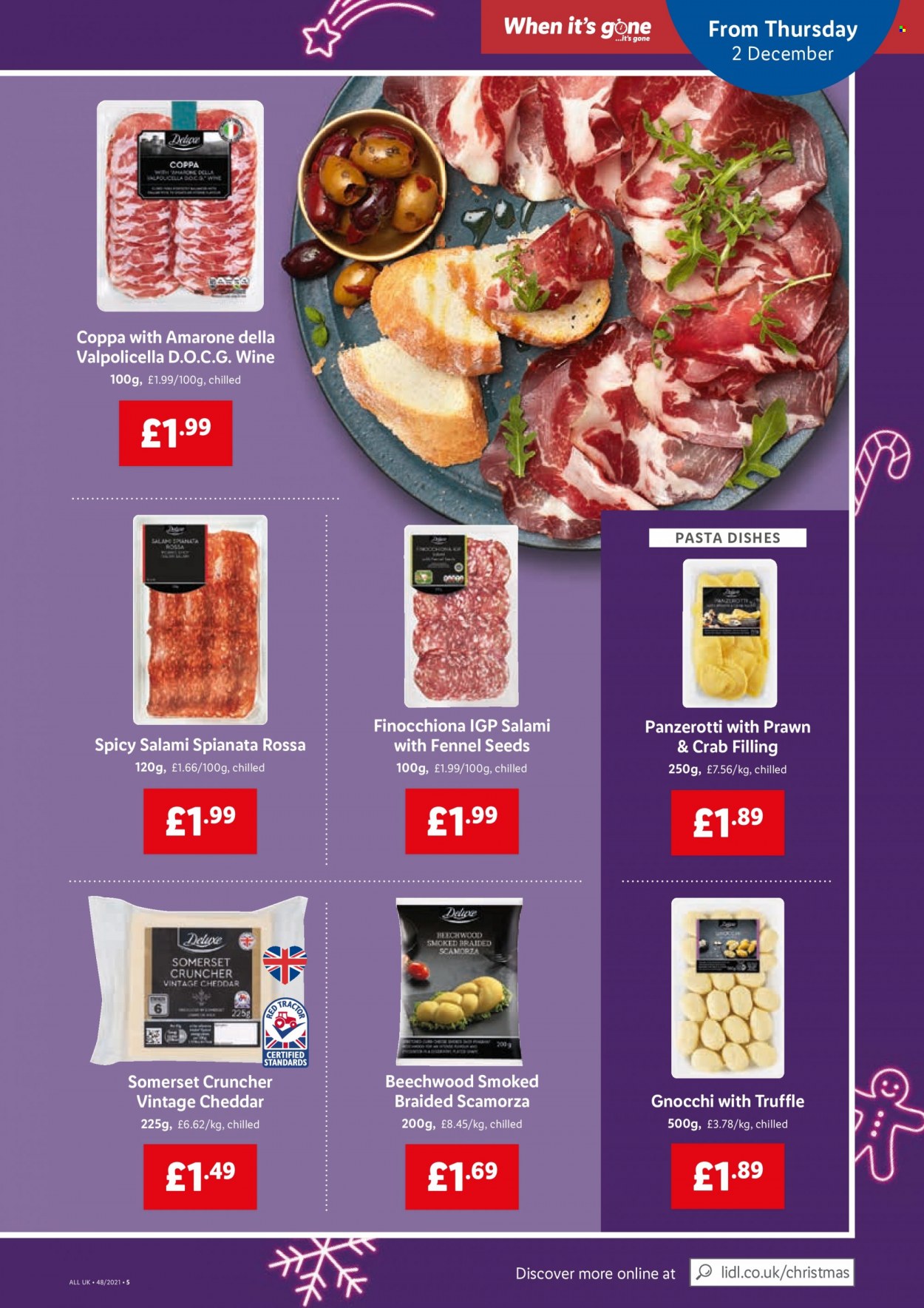 thumbnail - Lidl offer  - 02/12/2021 - 08/12/2021 - Sales products - prawns, crab, gnocchi, pasta, pasta sides, salami, cheddar, cheese, truffles, fennel, wine. Page 3.