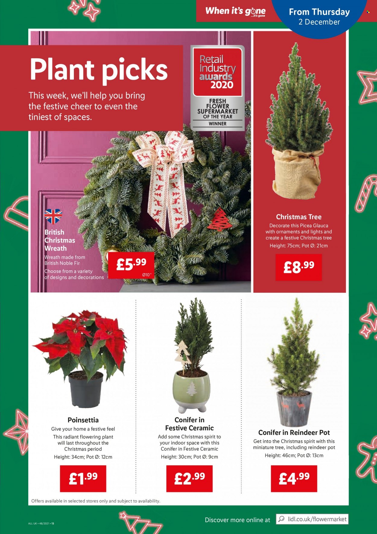 thumbnail - Lidl offer  - 02/12/2021 - 08/12/2021 - Sales products - reindeer, wreath, christmas tree, pot, noble fir, poinsettia. Page 11.