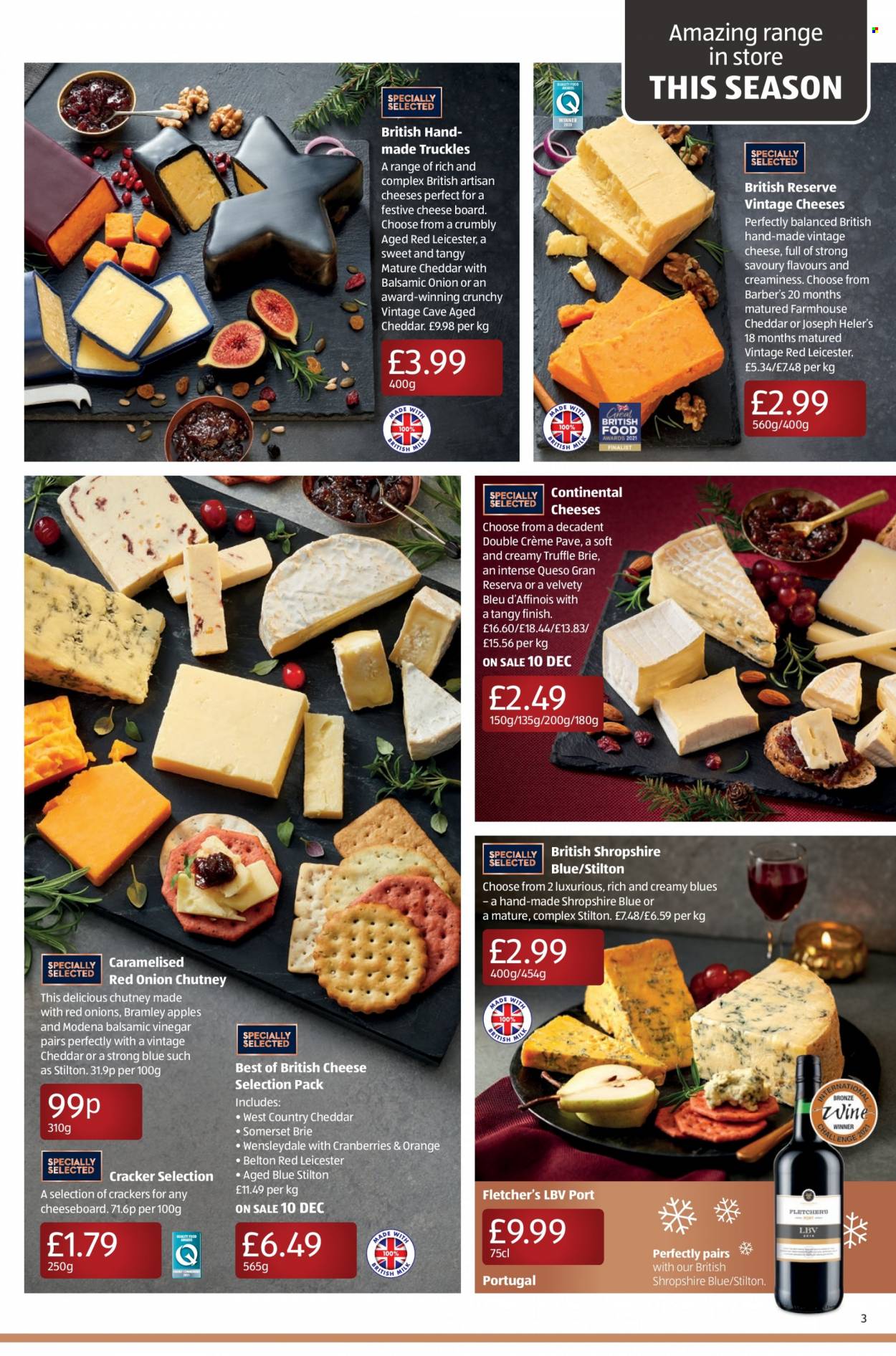 thumbnail - Aldi offer  - 28/11/2021 - 05/12/2021 - Sales products - red onions, Continental, Red Leicester, Stilton, Wensleydale, cheddar, cheese, brie, crackers, truffles, cranberries, chutney, balsamic vinegar, vinegar, pet bed. Page 3.