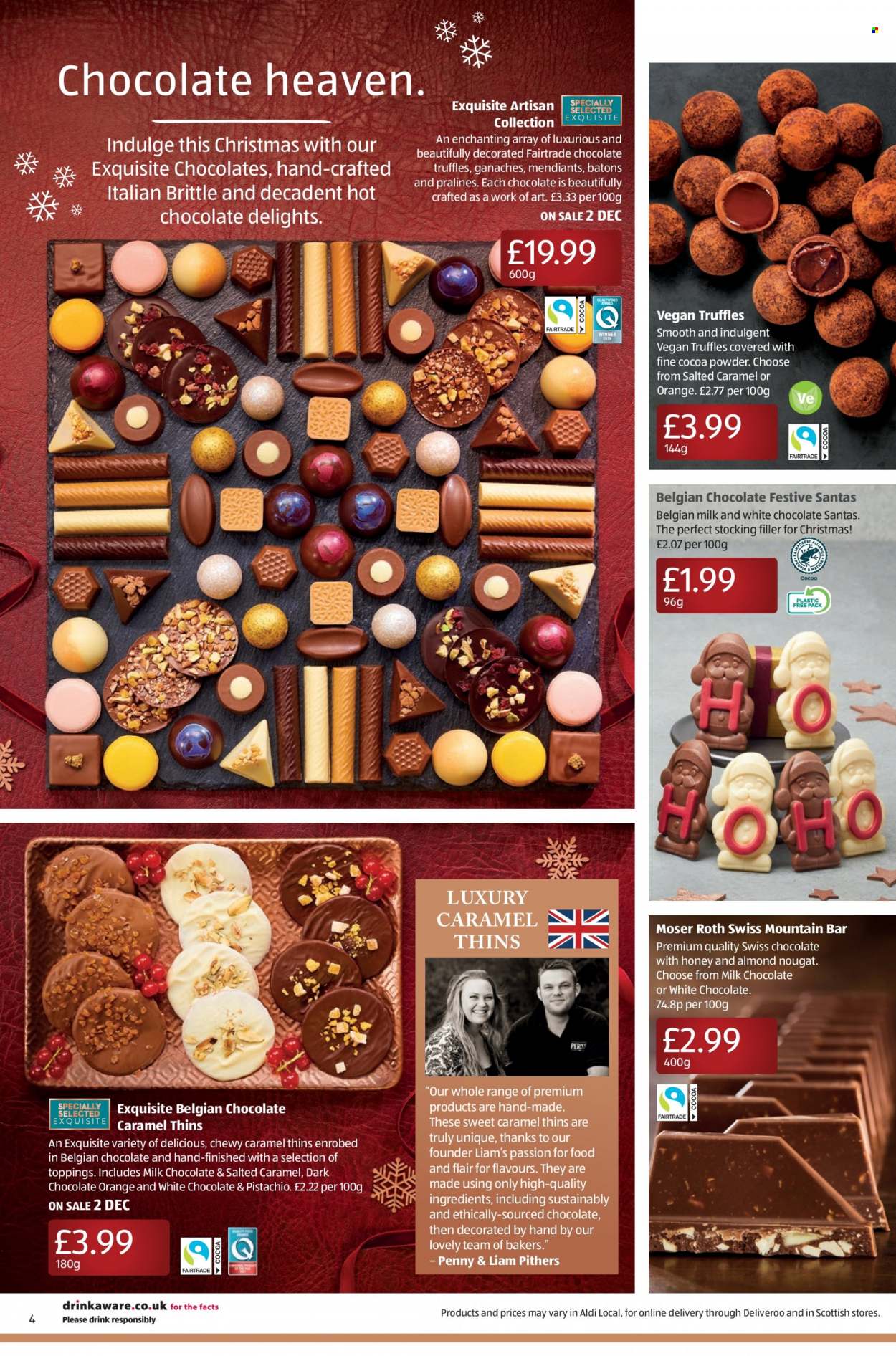 thumbnail - Aldi offer  - 28/11/2021 - 05/12/2021 - Sales products - milk chocolate, white chocolate, pralines, truffles, nougat, dark chocolate, Moser Roth, Thins, hot chocolate, Bakers. Page 4.