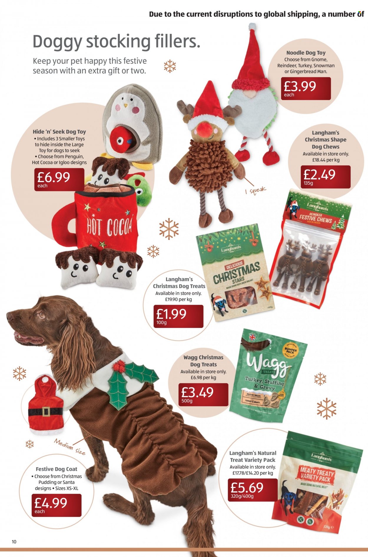 thumbnail - Aldi offer  - 28/11/2021 - 05/12/2021 - Sales products - gingerbread, noodles, pudding, Santa, hot cocoa, dog toy, animal treats, dog food, dog chews, reindeer, coat, penguin, toys. Page 10.