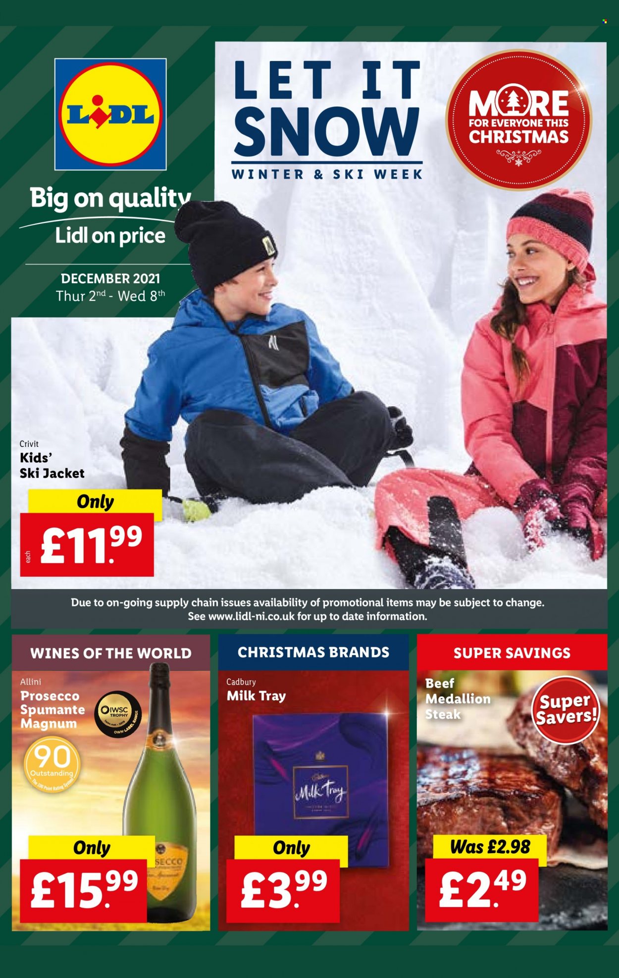 thumbnail - Lidl offer  - 02/12/2021 - 08/12/2021 - Sales products - Crivit, steak, Magnum, Cadbury, Milk Tray, spumante, prosecco, jacket. Page 1.
