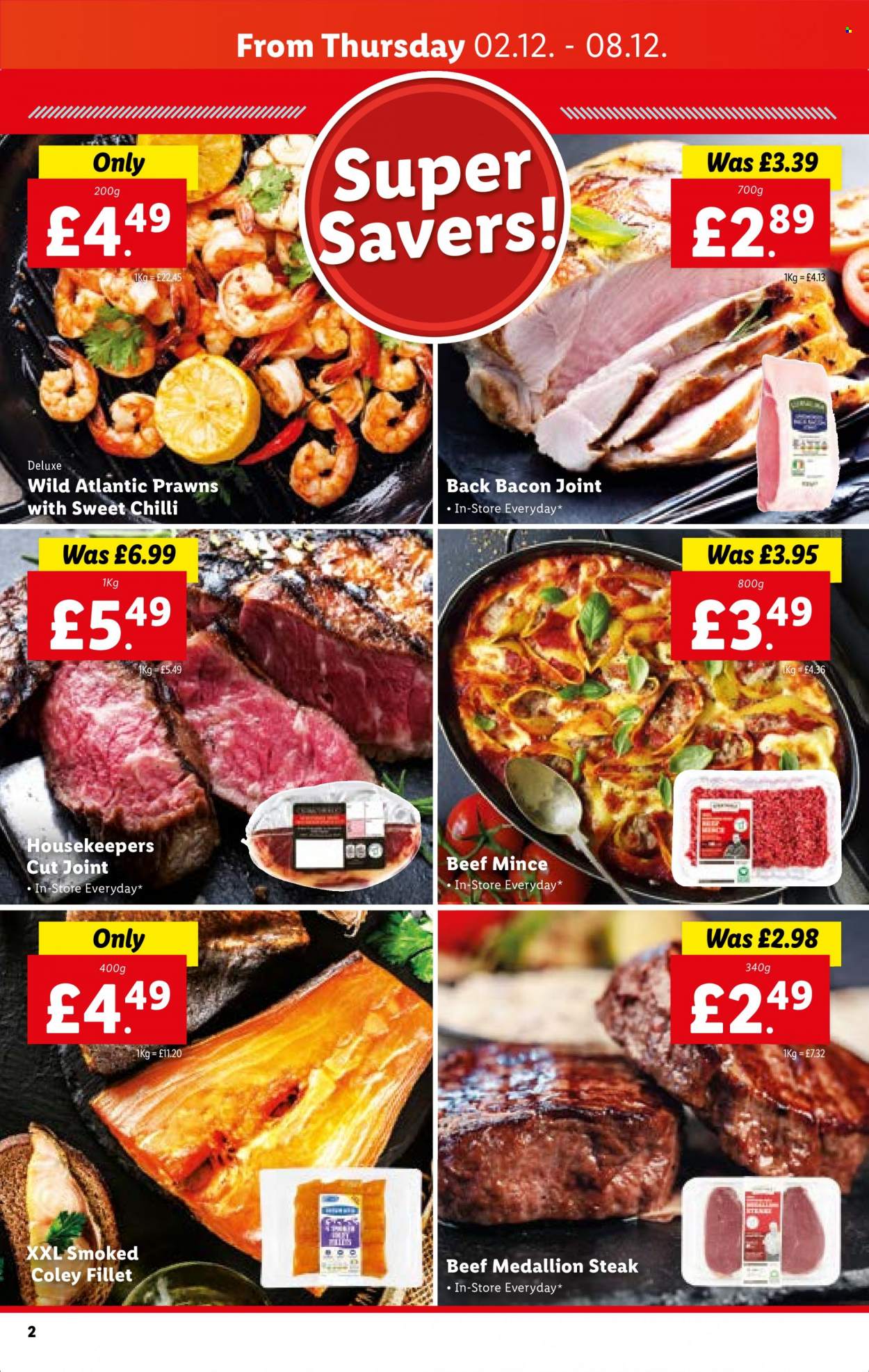 thumbnail - Lidl offer  - 02/12/2021 - 08/12/2021 - Sales products - beef meat, ground beef, steak, beef tenderloin, back bacon joint, prawns, bacon. Page 2.