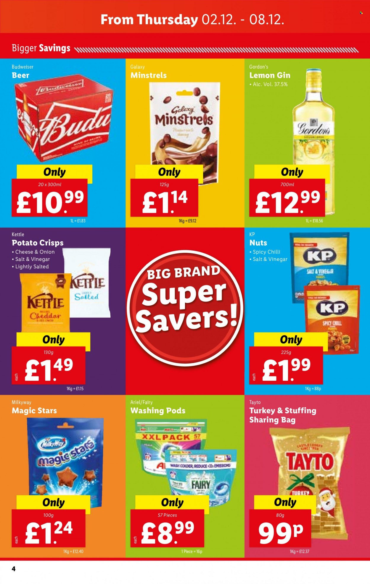 thumbnail - Lidl offer  - 02/12/2021 - 08/12/2021 - Sales products - Budweiser, beer, cheddar, potato crisps, kettle, Tayto, vinegar, gin, Gordon's, Fairy, Ariel. Page 4.