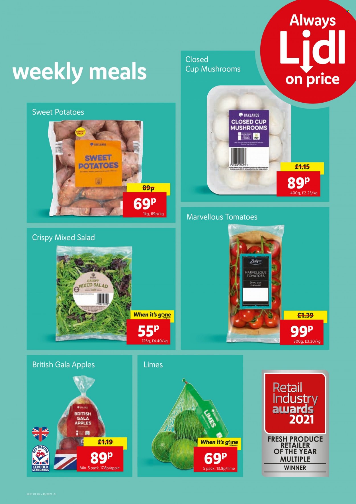 thumbnail - Lidl offer  - 09/12/2021 - 15/12/2021 - Sales products - sweet potato, tomatoes, potatoes, salad, Gala, limes, apples. Page 3.